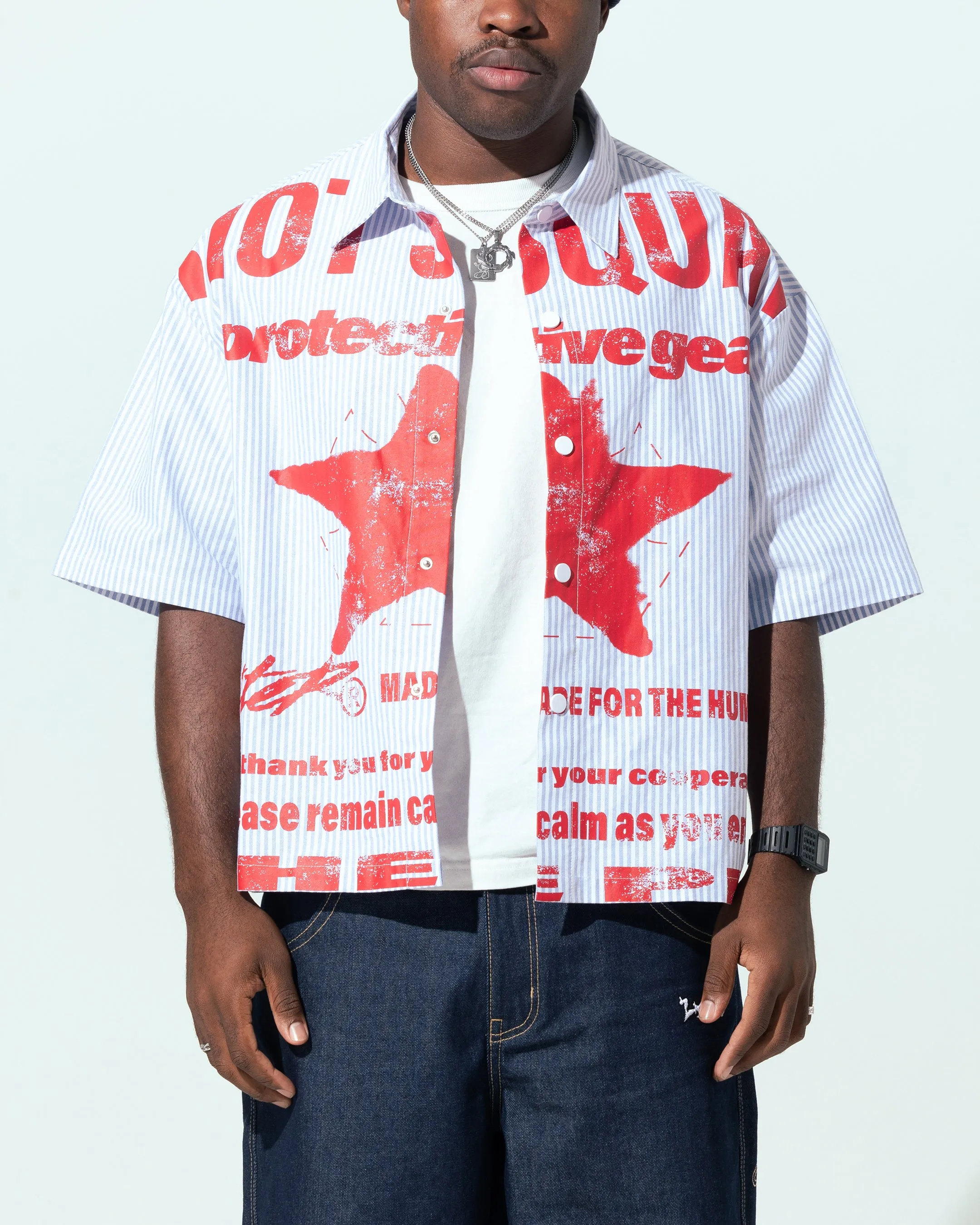 Loiter Riot Squad Button Up T-Shirt Blue Pin Stripe sold by Culture Kings