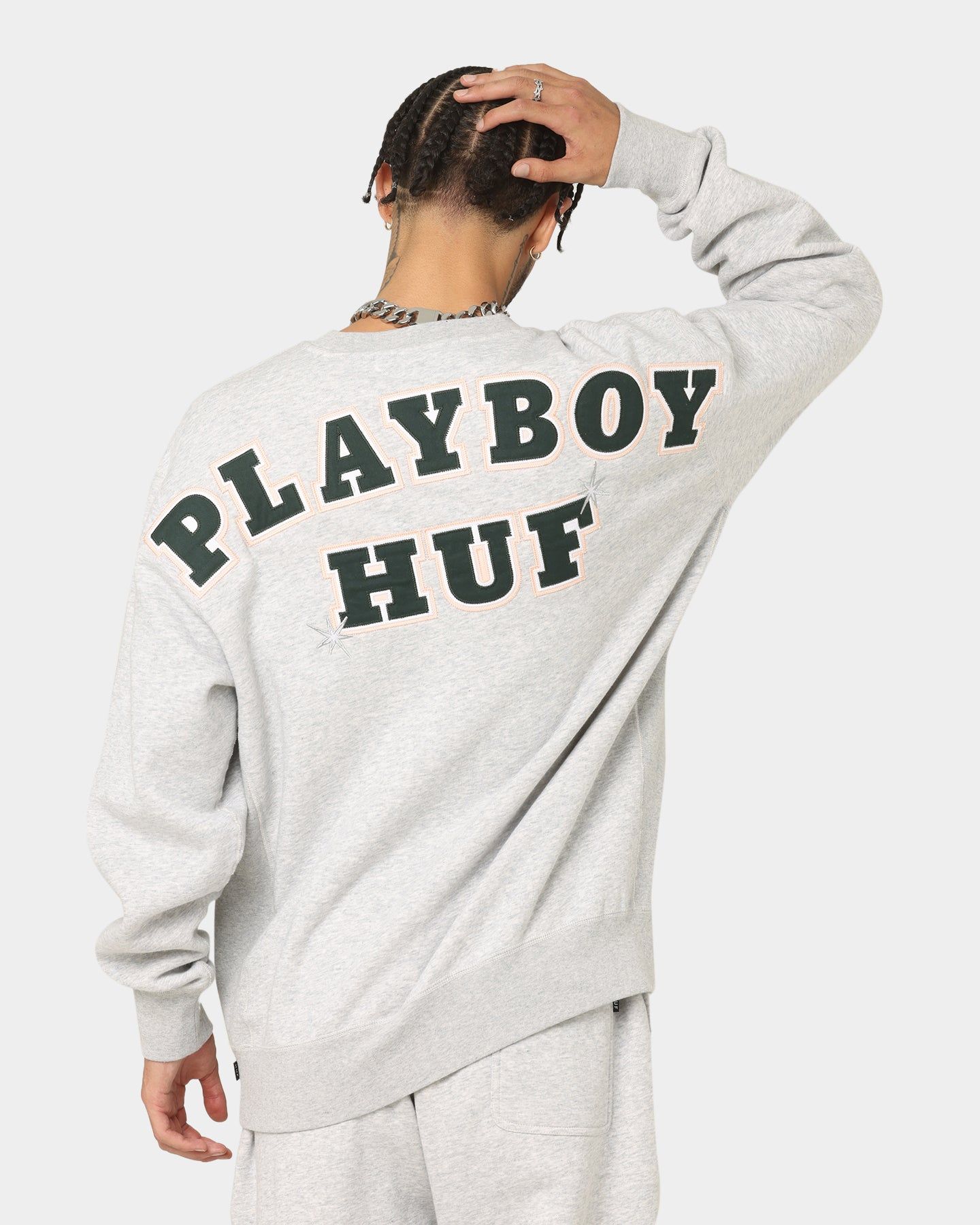 HUF X Playboy Rabbit Head Crew Grey Heather sold by Culture Kings