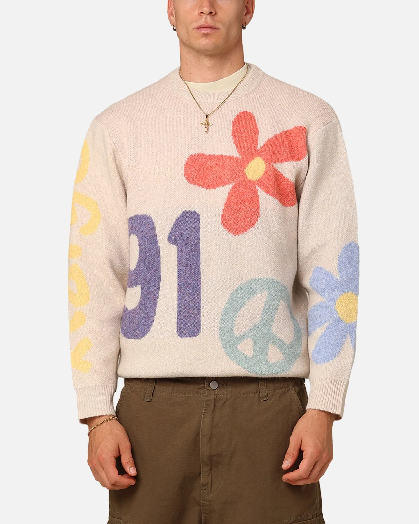 X-Large Flower And Peace Recycled Knit Sweater Off White sold by Culture Kings
