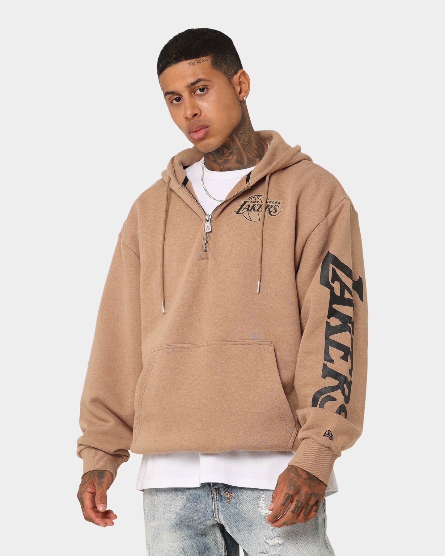 New Era Los Angeles Lakers Quarter Zip Sleeve Script Hoodie Khaki/Black sold by Culture Kings
