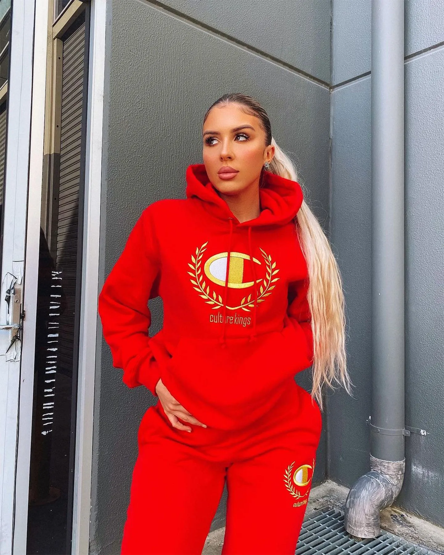 Champion Champion x Culture Kings Rev Weave Hoodie Red/Gold sold by Culture Kings