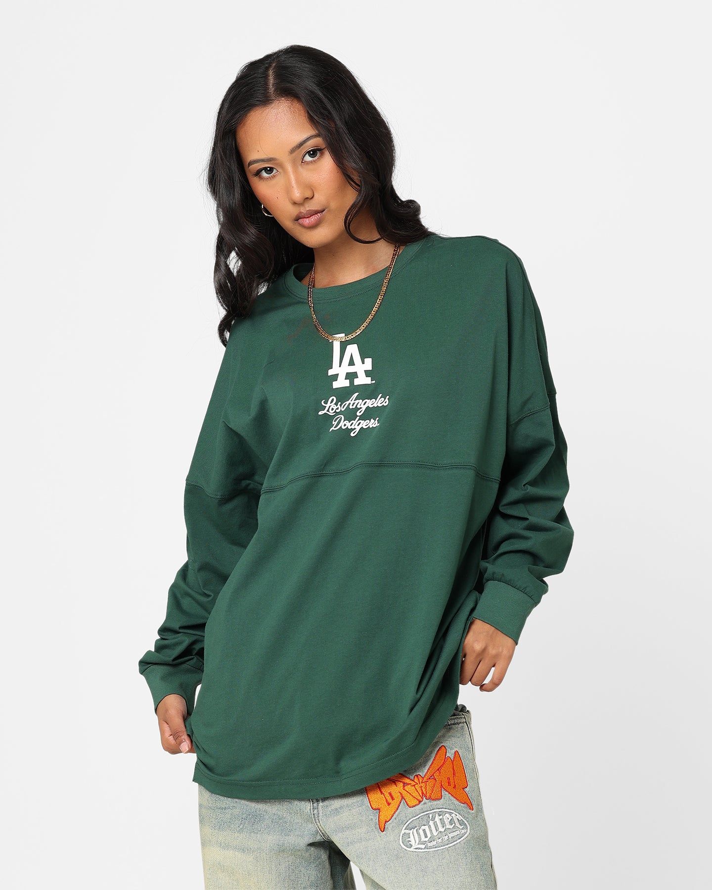 Majestic Athletic Women's Los Angeles Dodgers Animal Oversized Hiri Long Sleeve T-Shirt Dark Cedar sold by Culture Kings