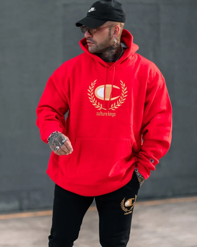 Champion Champion x Culture Kings Rev Weave Hoodie Red/Gold sold by Culture Kings