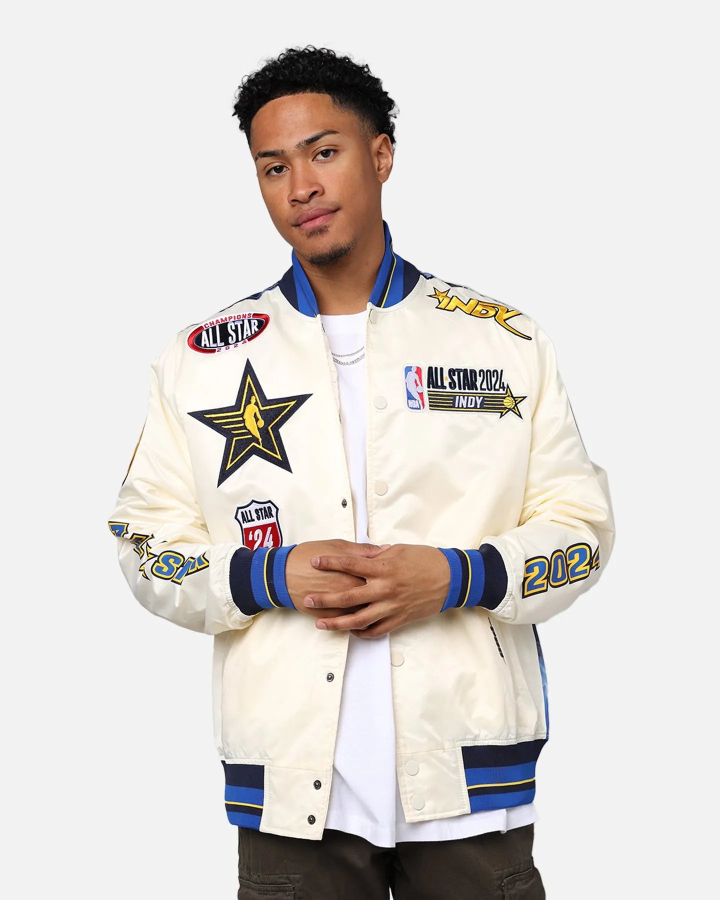 Pro Standard NBA All Star Game 2024 Satin Jacket Eggshell/Midnight Navy sold by Culture Kings