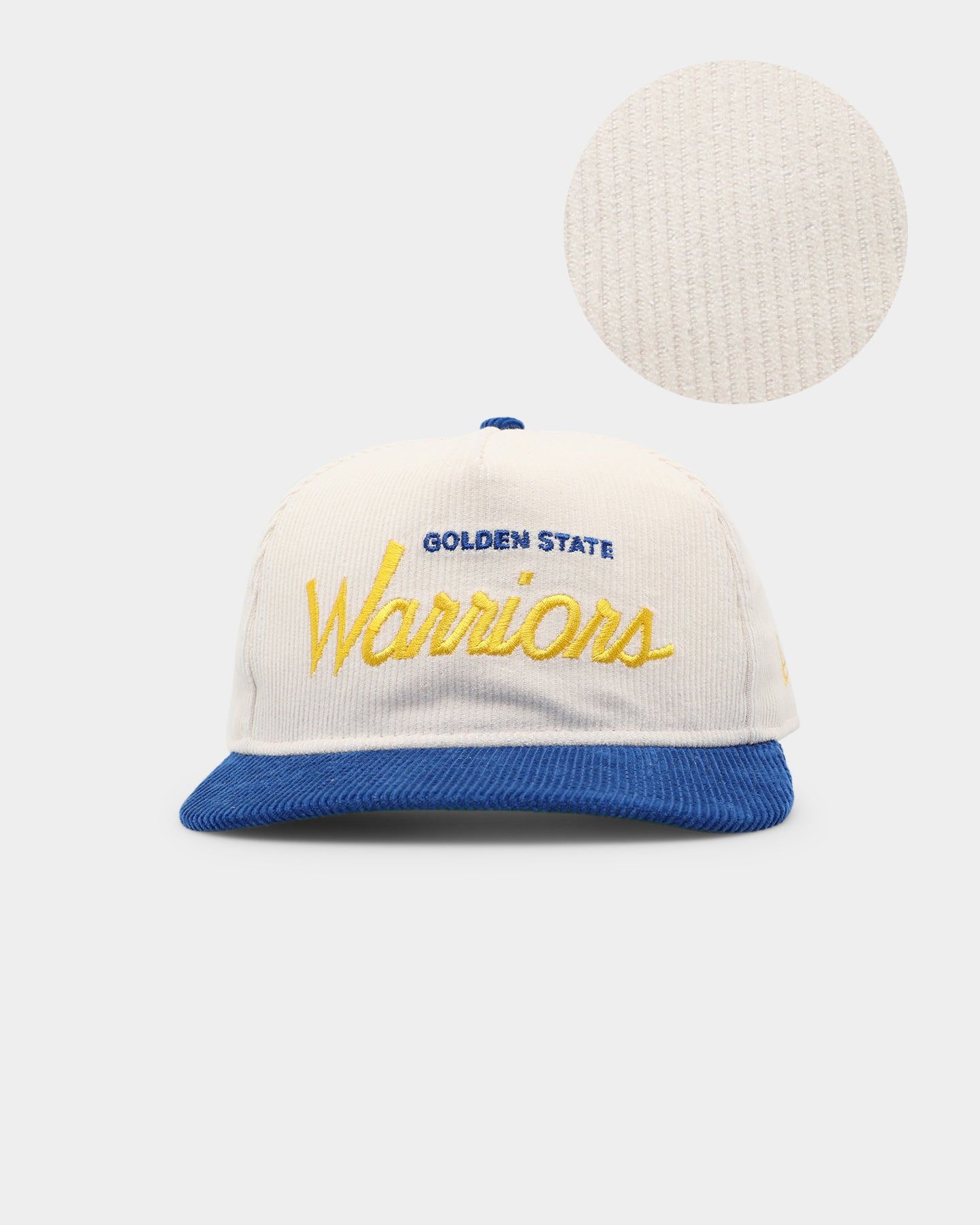 New Era Golden State Warriors 'Chrome Corduroy Throwback Script' Golfer Snapback Chrome White sold by Culture Kings