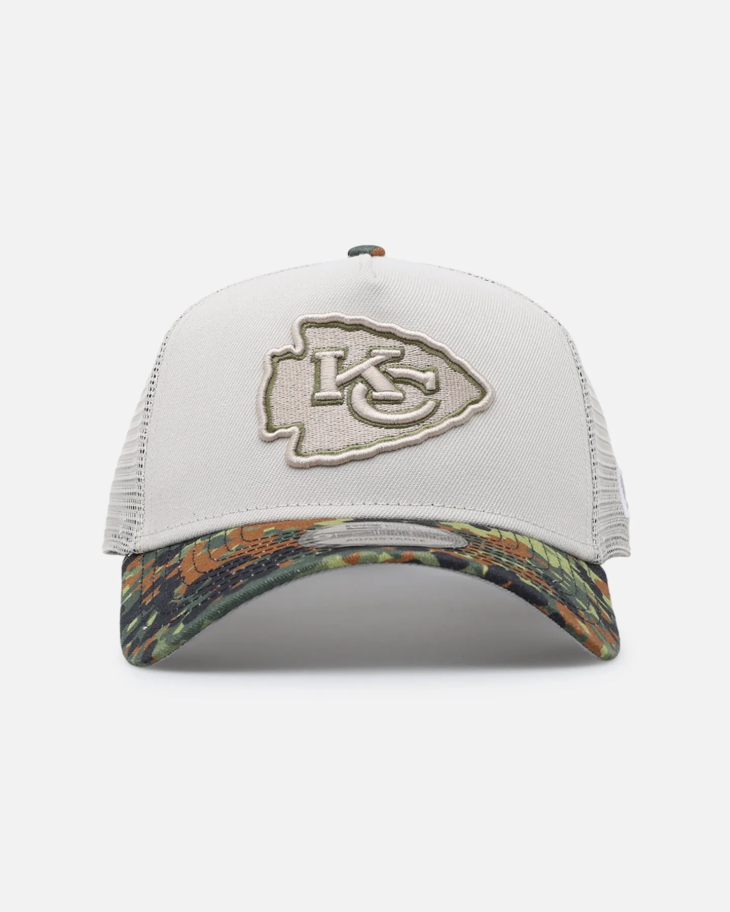 New Era Kansas City Chiefs "Camo Visor" 9FORTY A-Frame Trucker Snapback Stone/Olive sold by Culture Kings