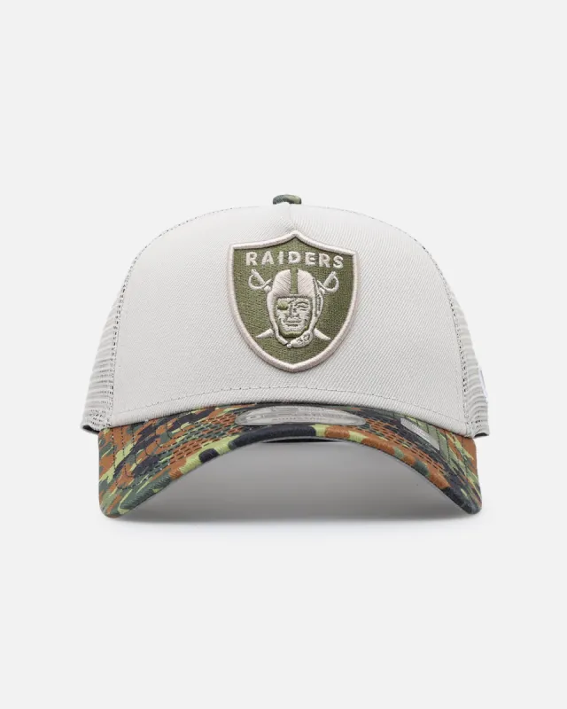 New Era Las Vegas Raiders "Camo Visor" 9FORTY A-Frame Trucker Snapback Stone/Olive sold by Culture Kings