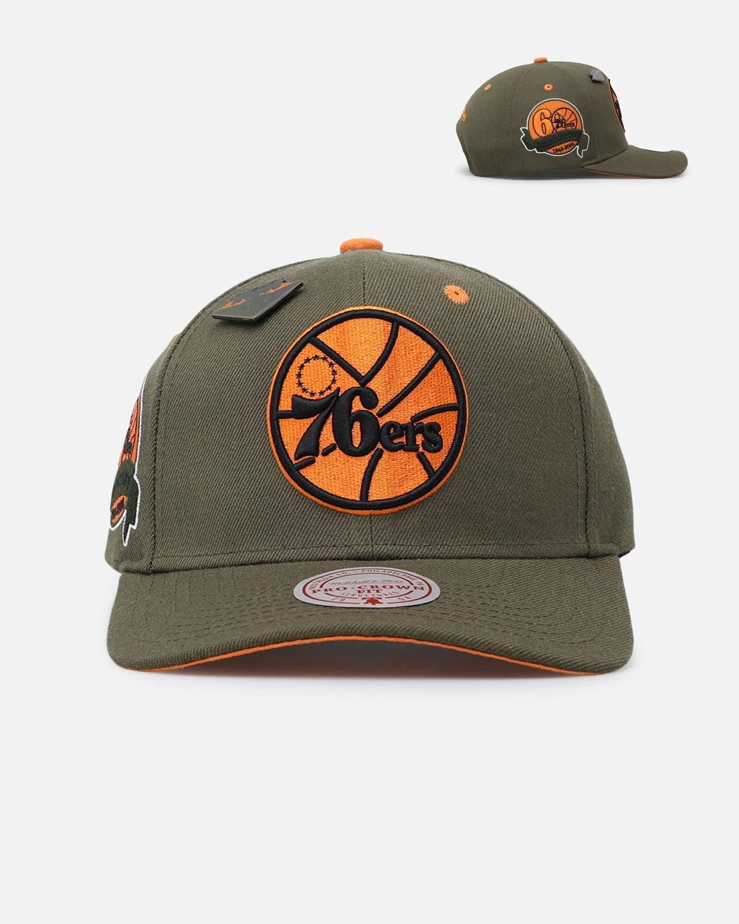 Mitchell & Ness Philadelphia 76ers 'Harmony of Hues' Pro Crown Snapback Olive/Orange sold by Culture Kings