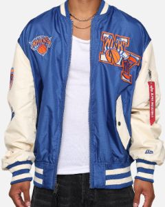 New Era X Alpha Industries New York Knicks L-2B Bomber Jacket Blue sold by Culture Kings
