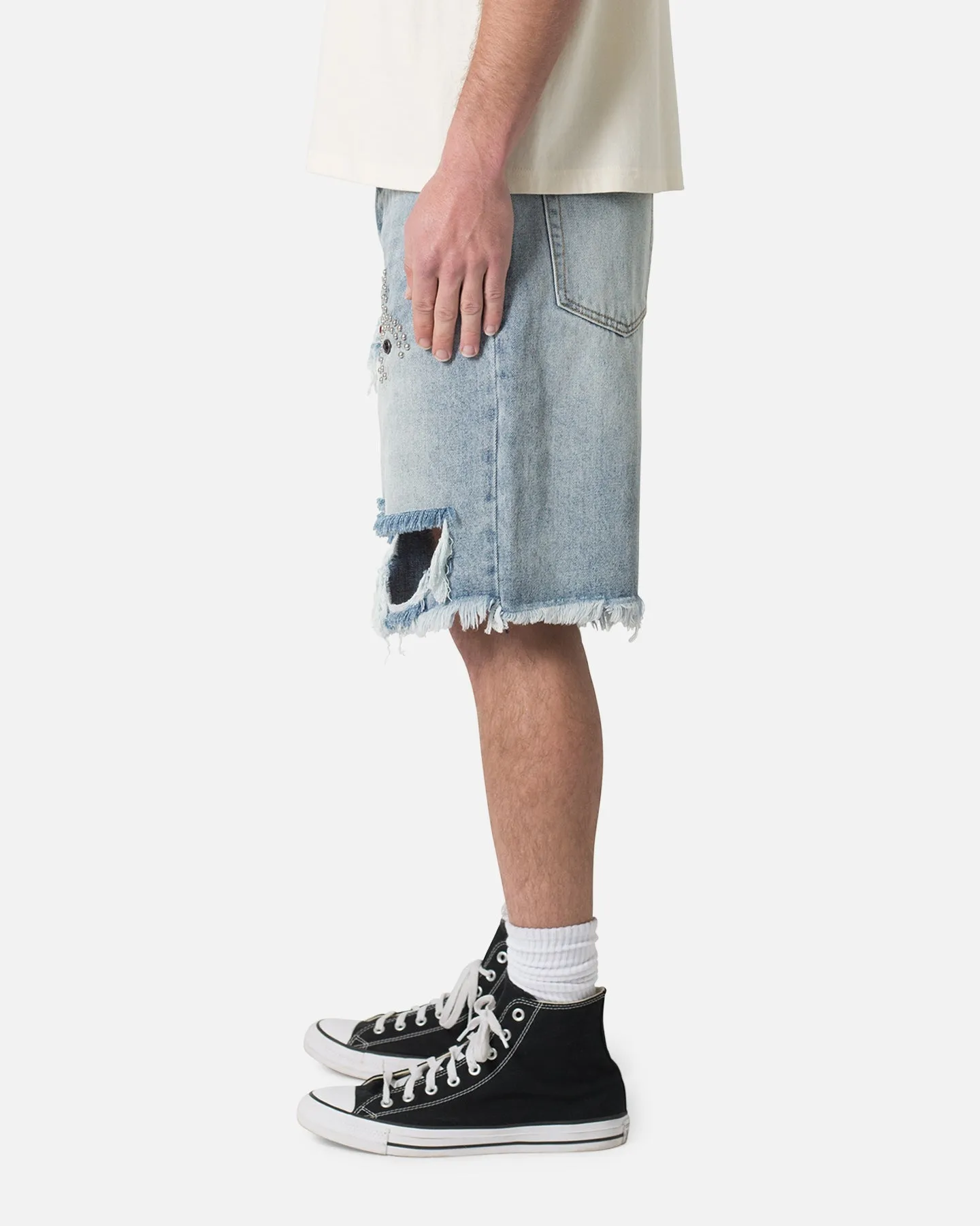 MNML Distressed Spider Denim Shorts Light Blue sold by Culture Kings product image thumbnail 3