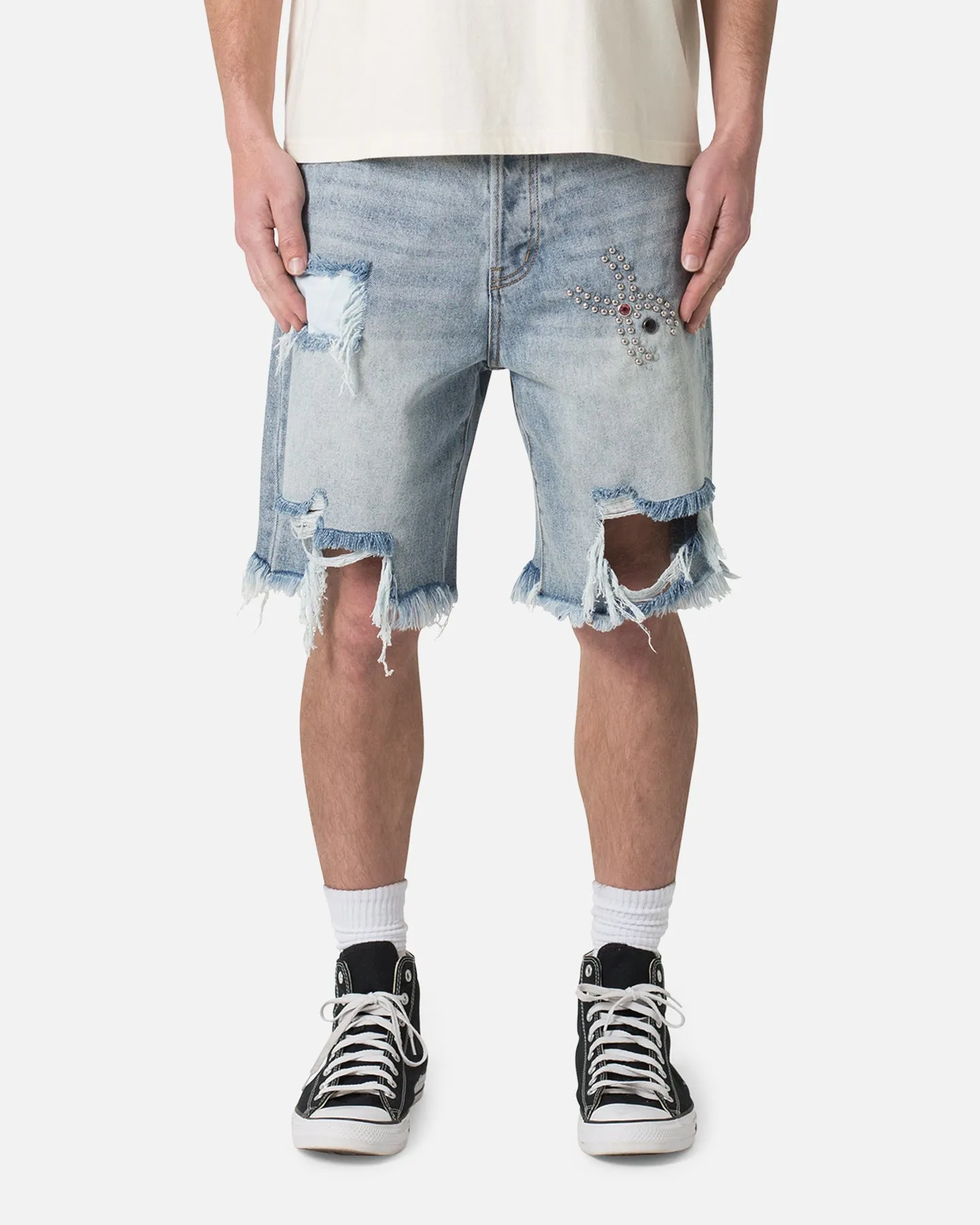 MNML Distressed Spider Denim Shorts Light Blue sold by Culture Kings