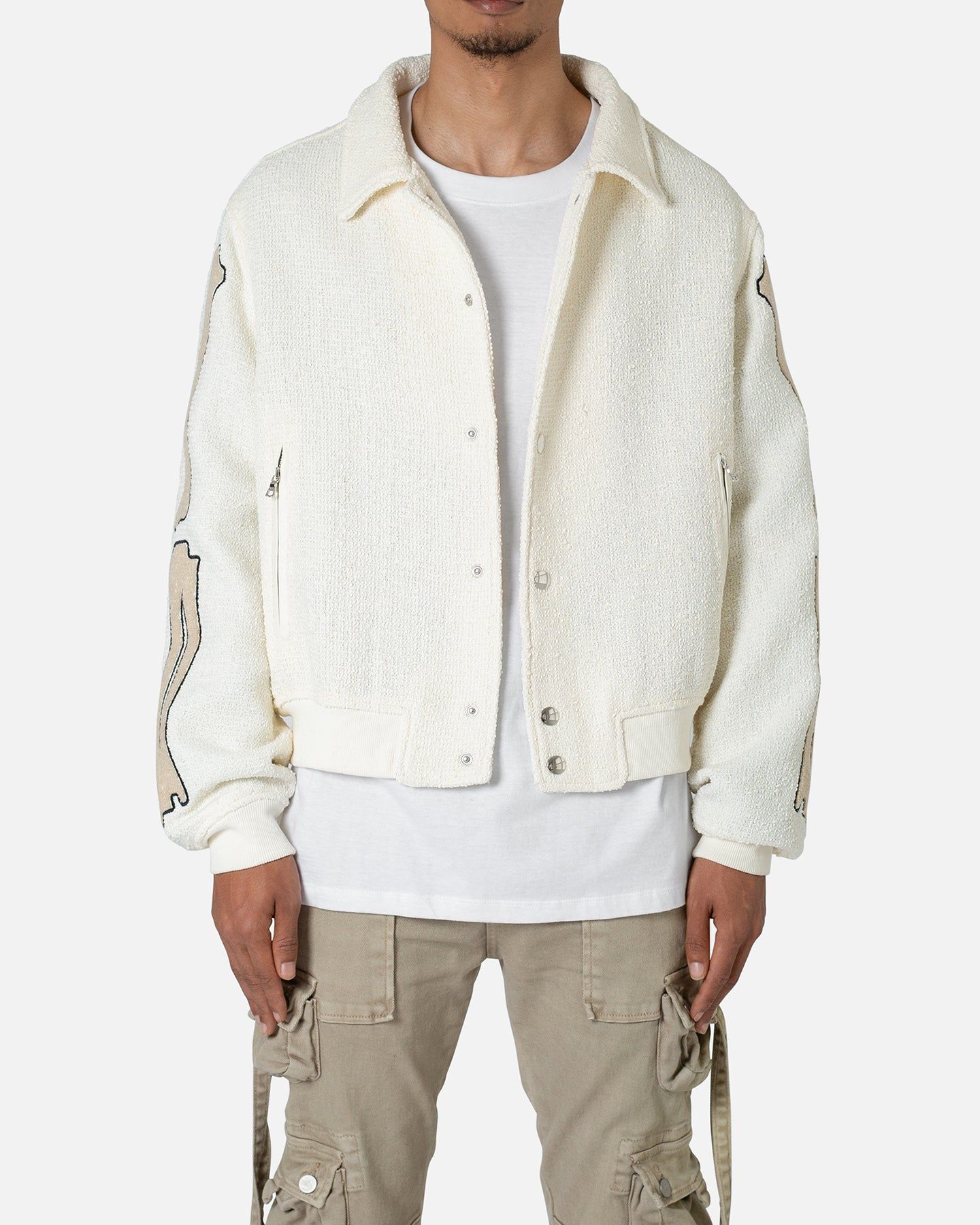 MNML Skeleton Varsity Jacket Cream sold by Culture Kings