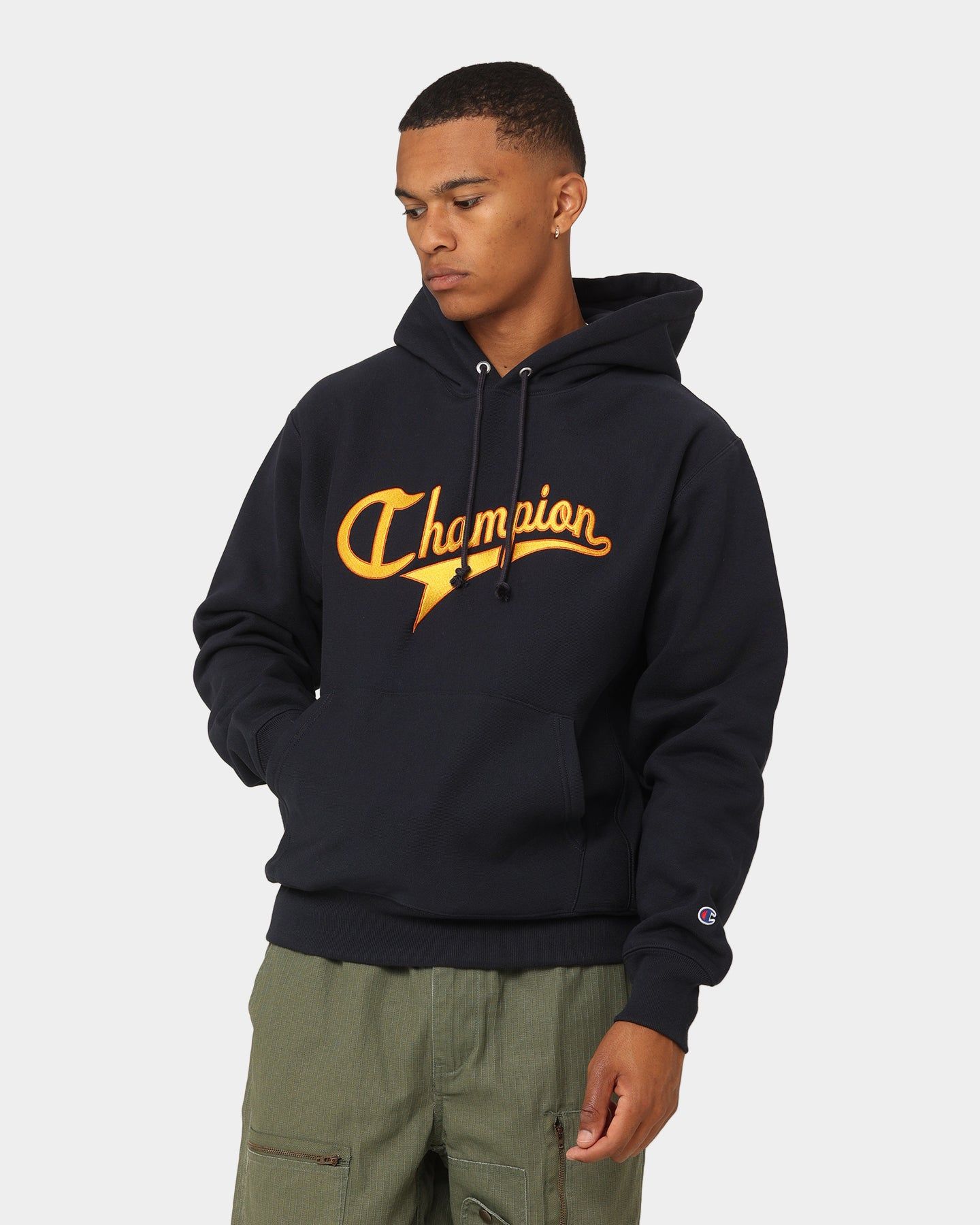 Champion Script Hoodie Navy sold by Culture Kings