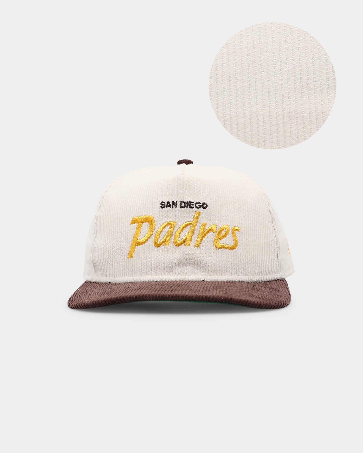 New Era San Diego Padres 'Chrome Corduroy Throwback Script' Golfer Snapback Chrome White sold by Culture Kings