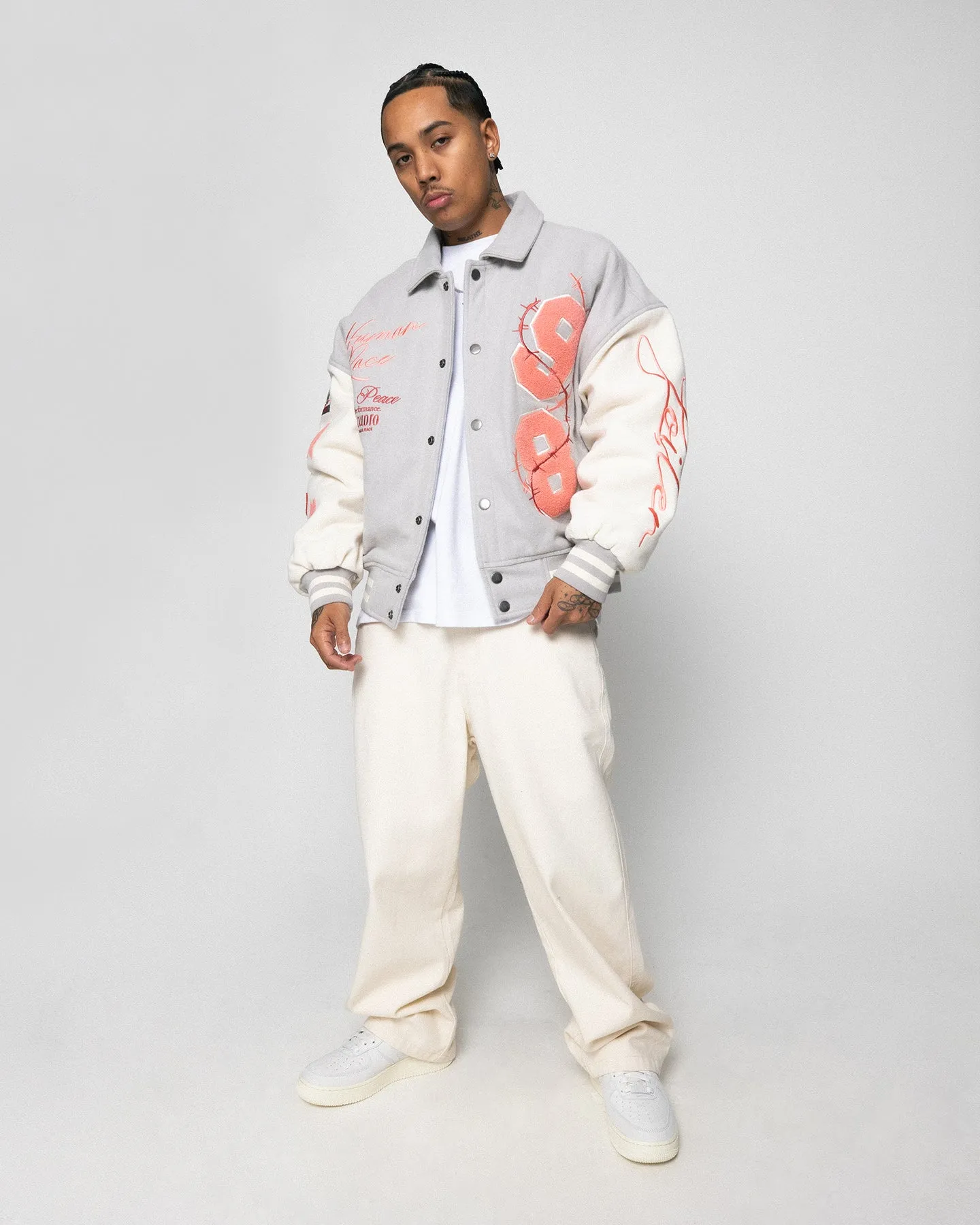 Loiter Flower Varsity Jacket Light Grey/Off White sold by Culture Kings product image thumbnail 3