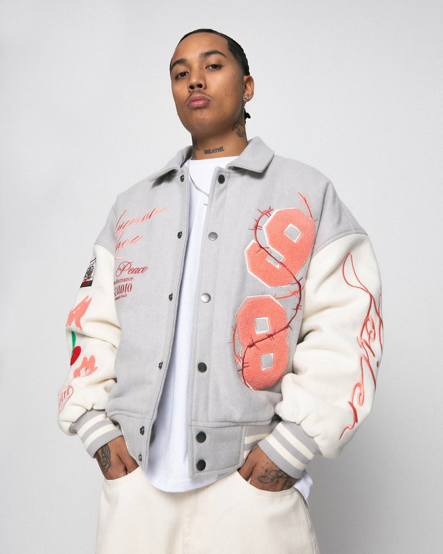 Loiter Flower Varsity Jacket Light Grey/Off White sold by Culture Kings