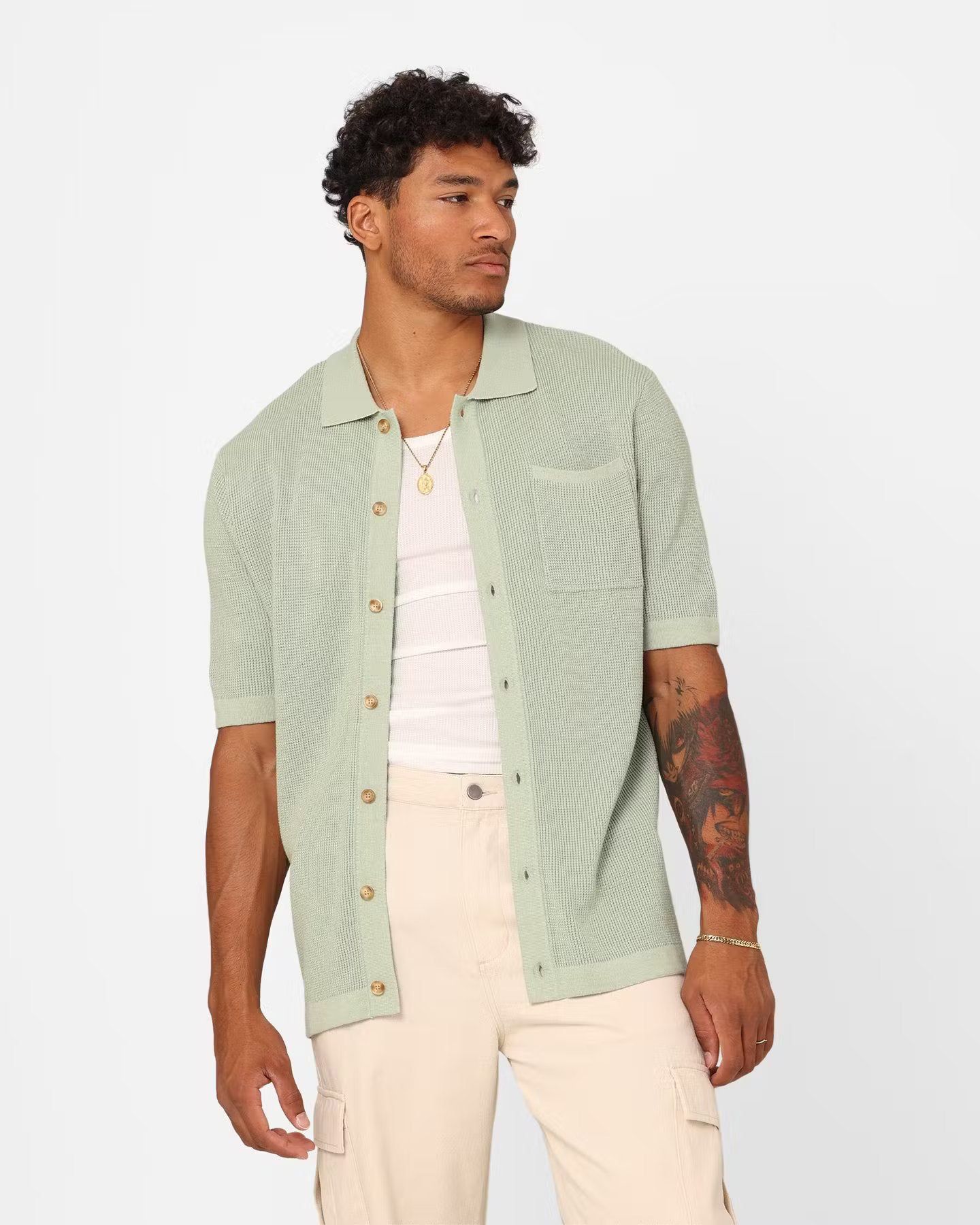 XXIII Zyair Knit Rib Button Up Shirt Sage sold by Culture Kings