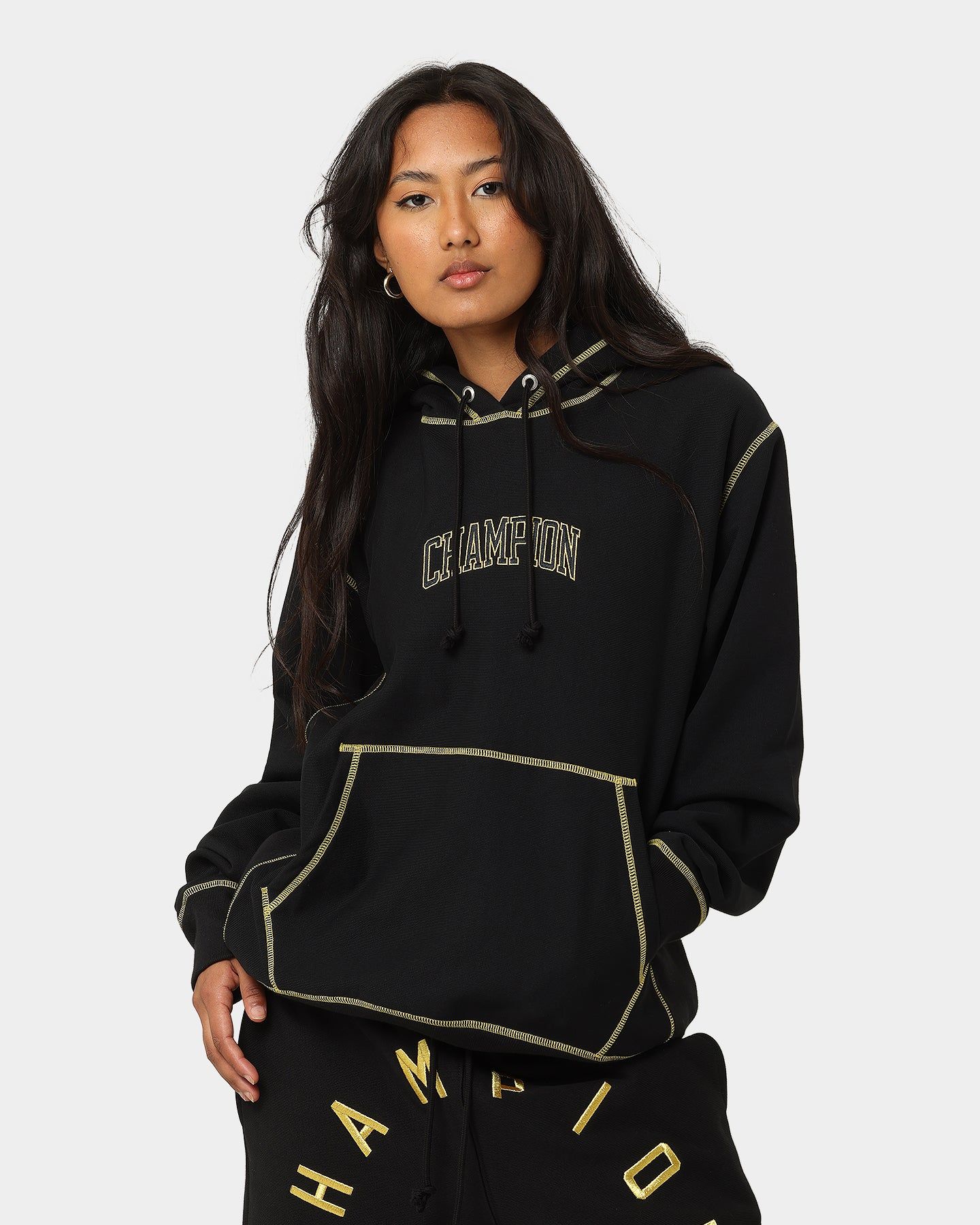 Champion Reverse Weave Contrast Stitch Hoodie Black/Gold sold by Culture Kings