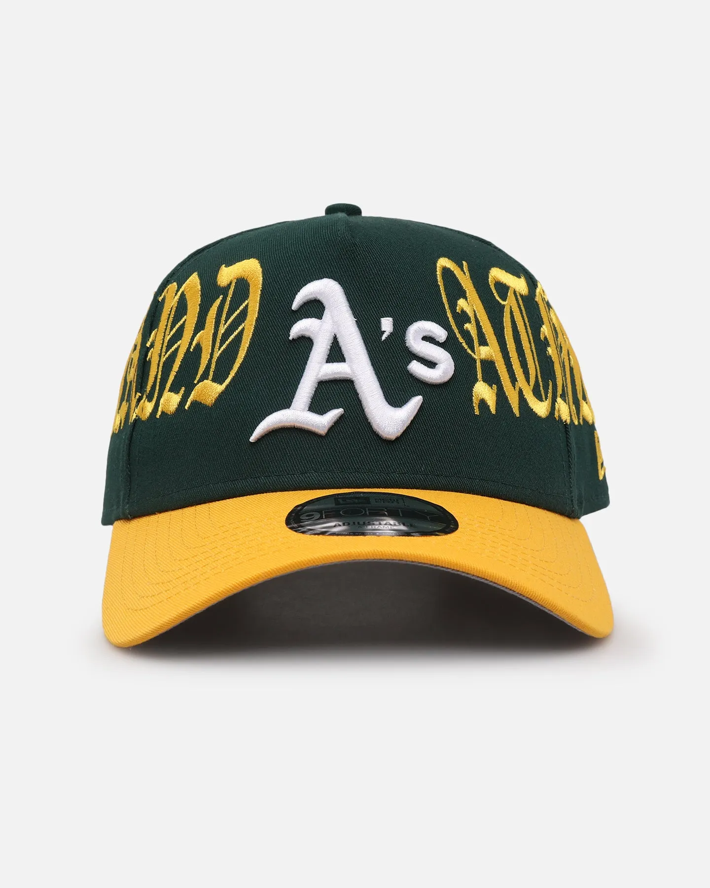 New Era Oakland Athletics 'Goth Script' 9FORTY A-Frame Snapback Green/Gold sold by Culture Kings