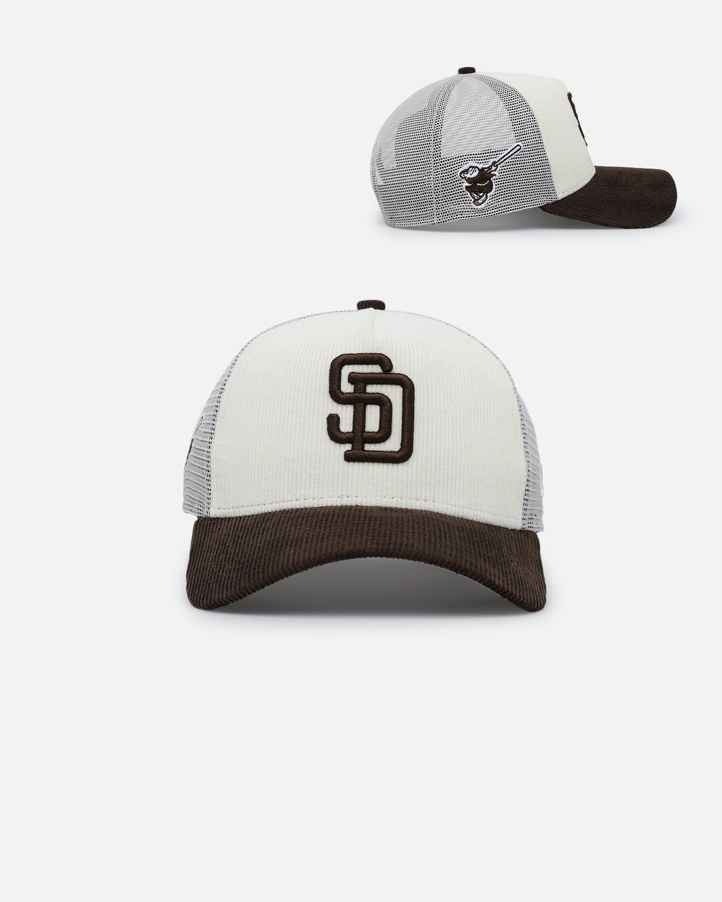 New Era San Diego Padres 9FORTY A-Frame Trucker Snapback Chrome/Walnut sold by Culture Kings