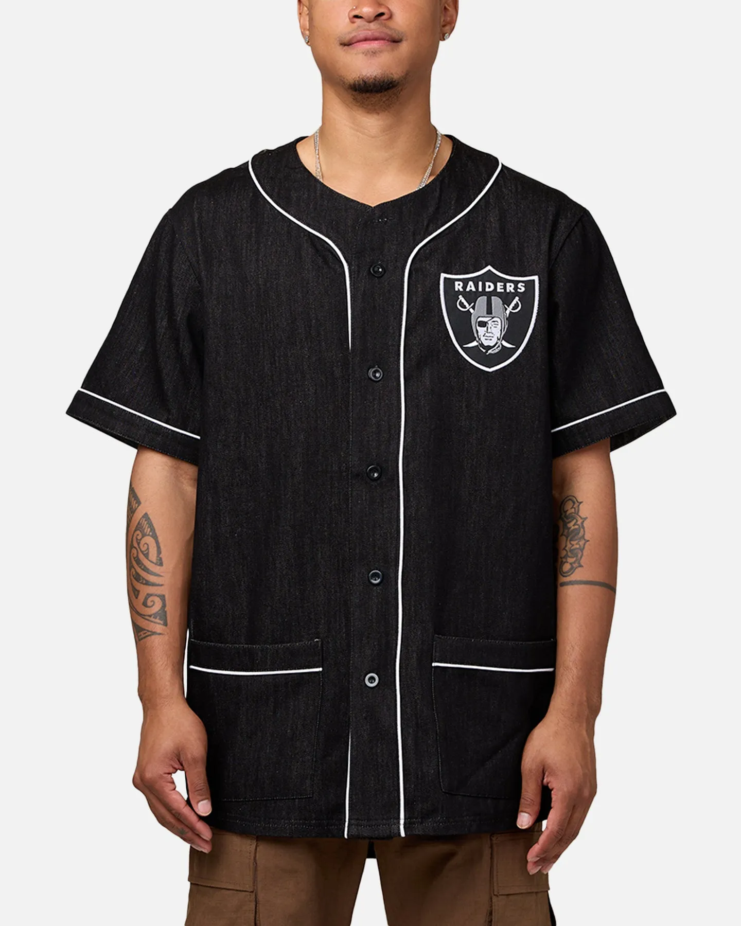 Majestic Athletic Las Vegas Raiders Denim Button Up Shirt Washed Black Denim sold by Culture Kings