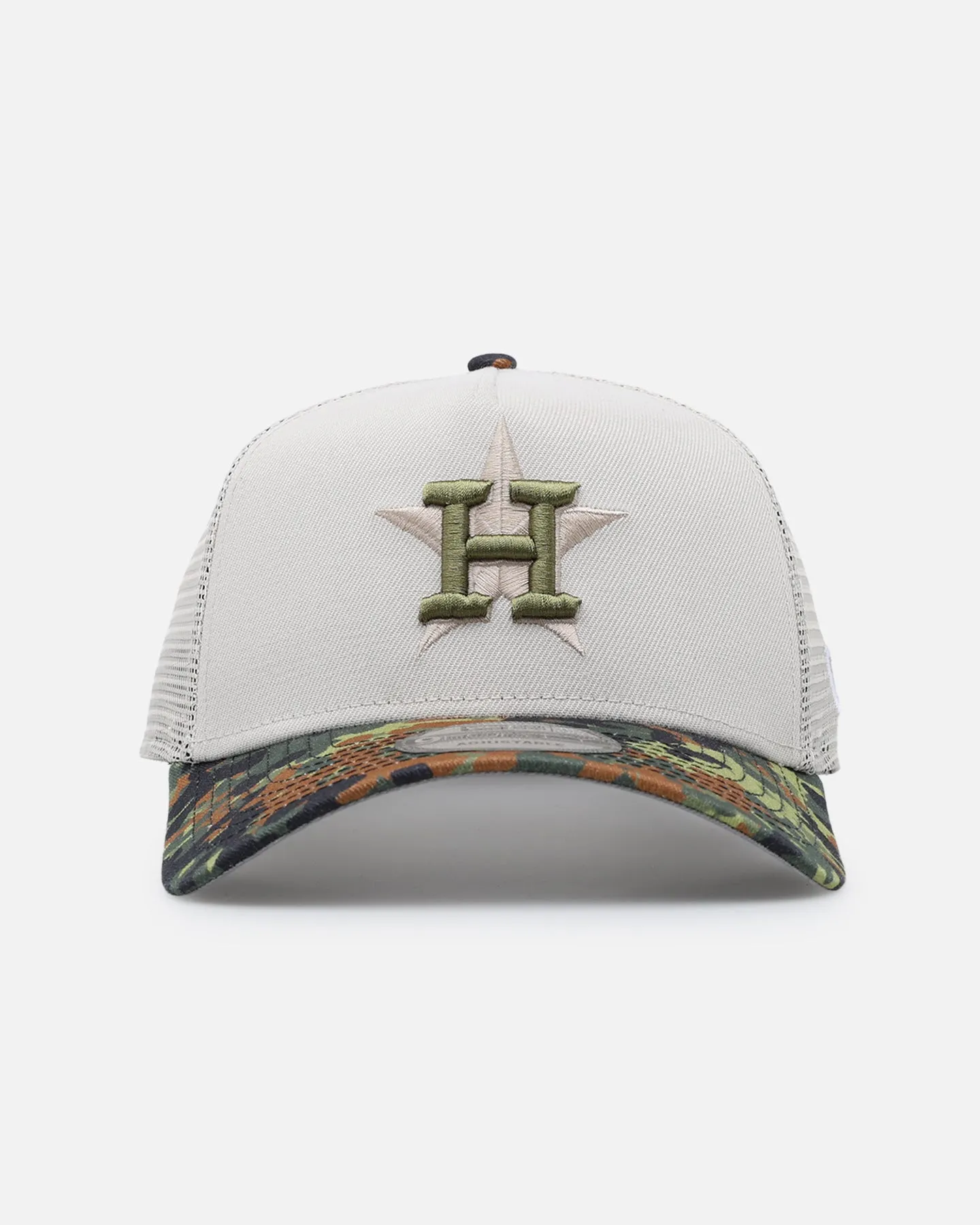 New Era Houston Astros "Camo Visor" 9FORTY A-Frame Trucker Snapback Stone/Olive sold by Culture Kings
