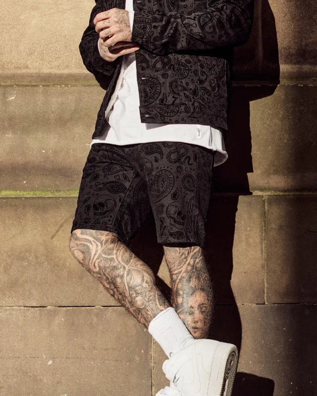 Saint Morta Paisley Skulls Denim Shorts Black/Black sold by Culture Kings