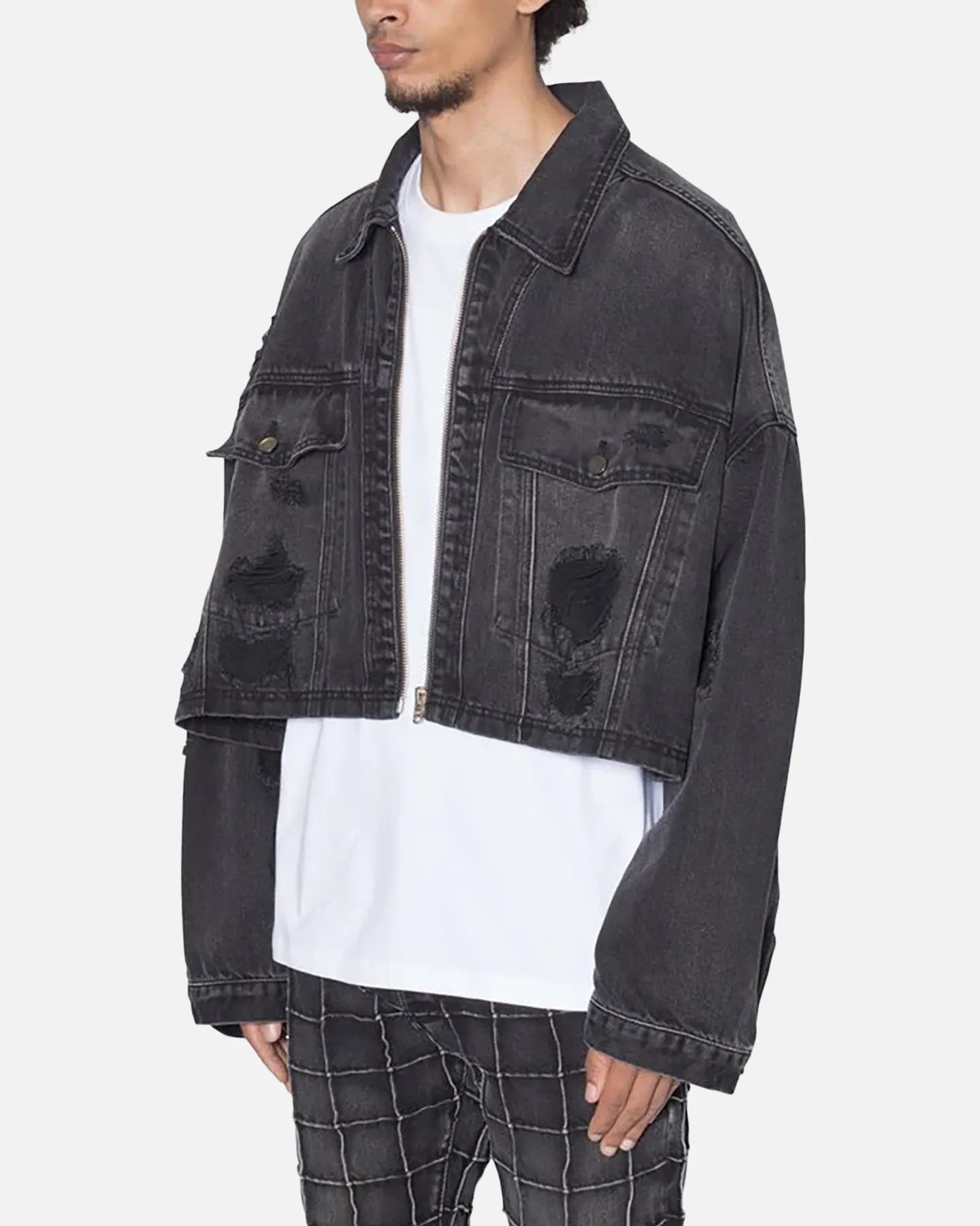 MNML Oversized Ripped Cropped Denim Jacket Washed Black sold by Culture Kings product image thumbnail 2