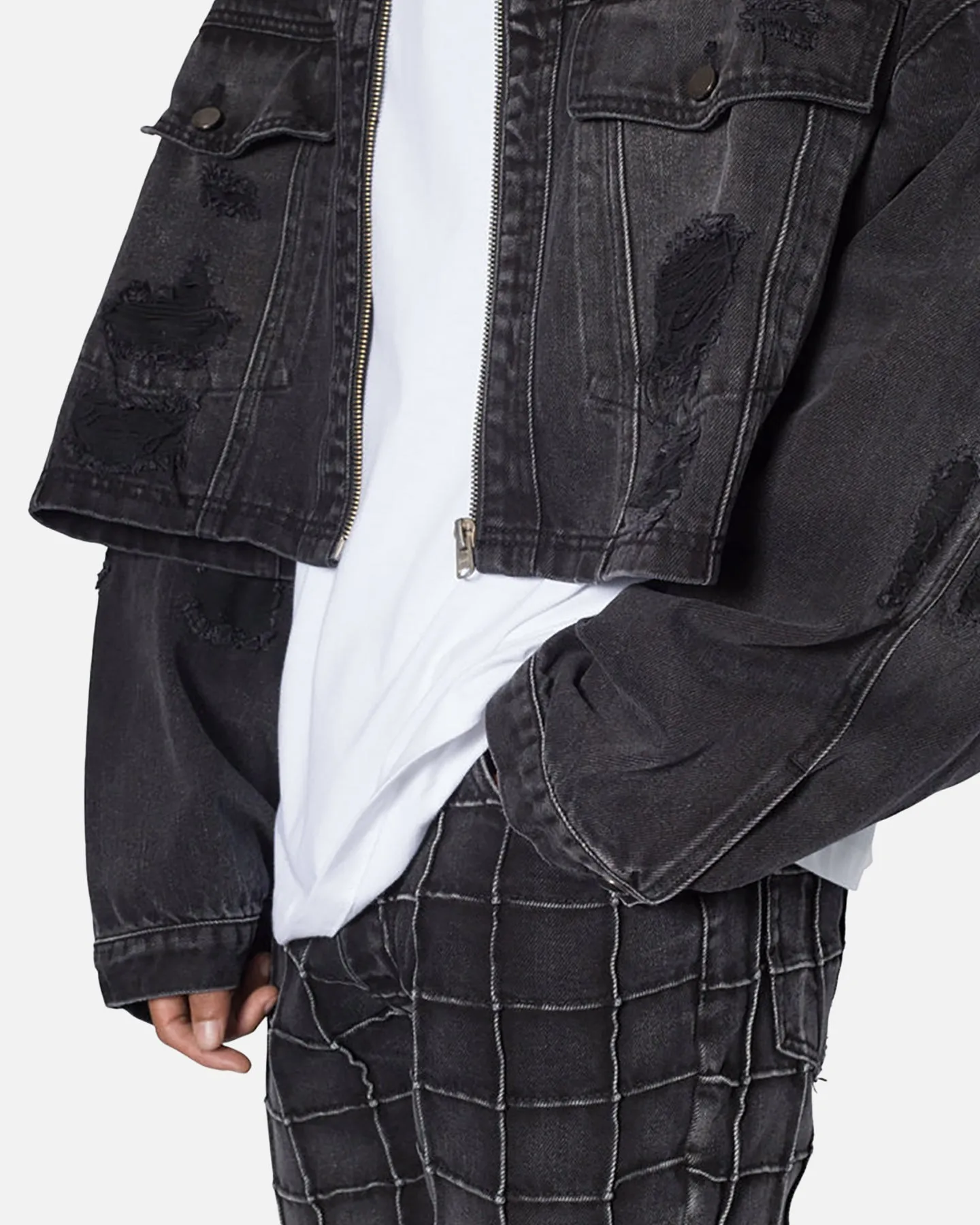 MNML Oversized Ripped Cropped Denim Jacket Washed Black sold by Culture Kings product image thumbnail 5