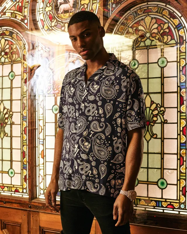 Saint Morta Paisley Skulls Short Sleeve Button Up Shirt Navy/White sold by Culture Kings