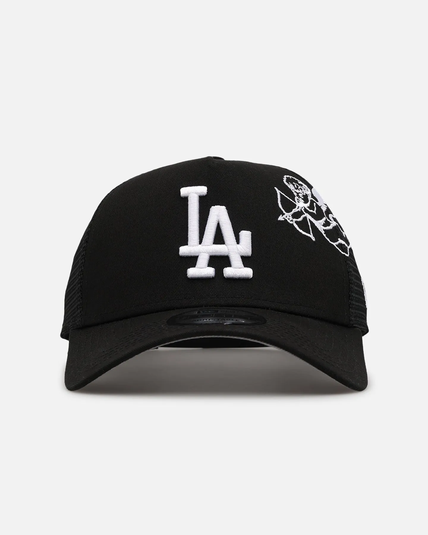 New Era Los Angeles Dodgers 'Cherub Trucker' 9FORTY A-Frame Trucker Snapback Black/White sold by Culture Kings