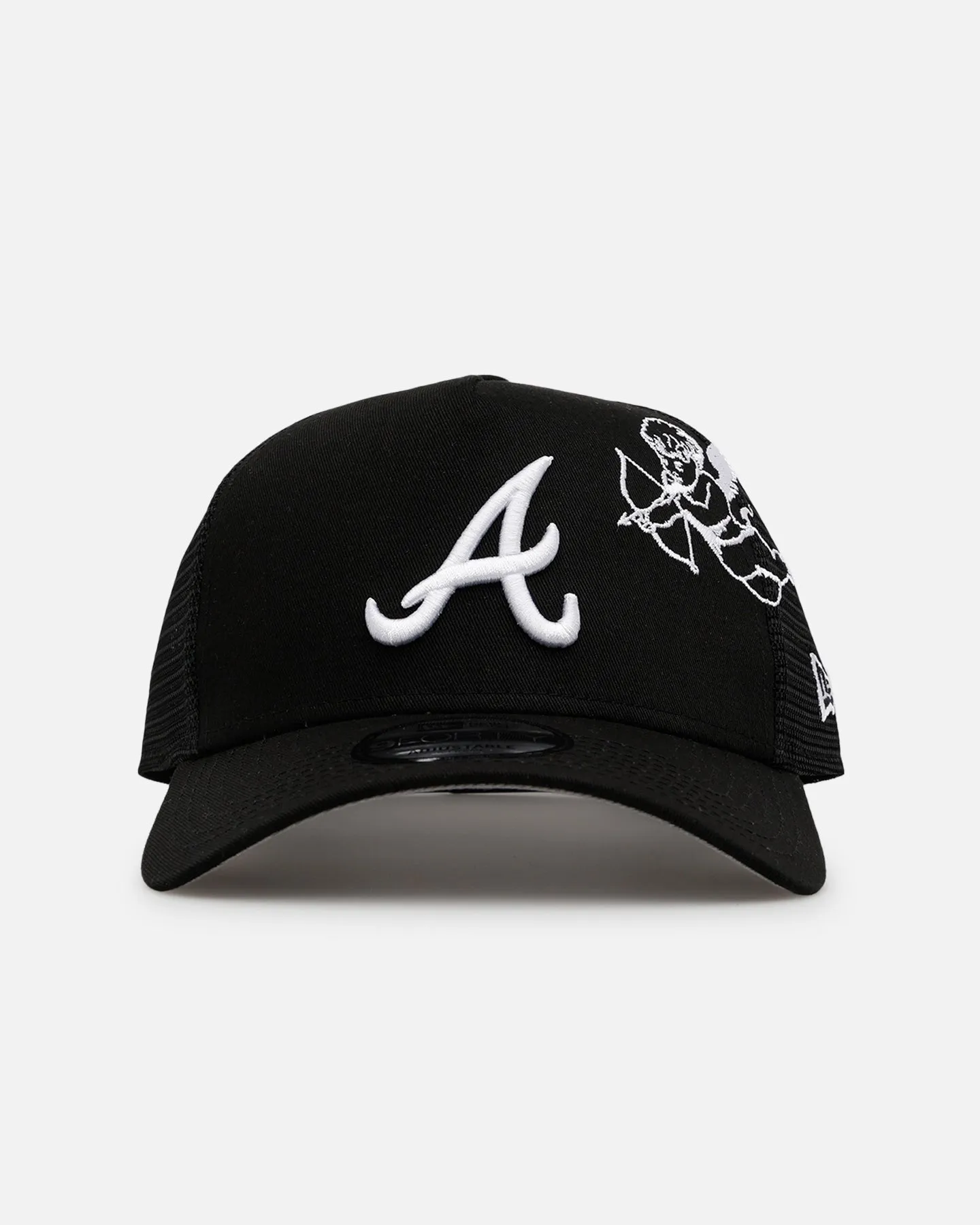 New Era Atlanta Braves 'Cherub Trucker' 9FORTY A-Frame Trucker Snapback Black/White sold by Culture Kings