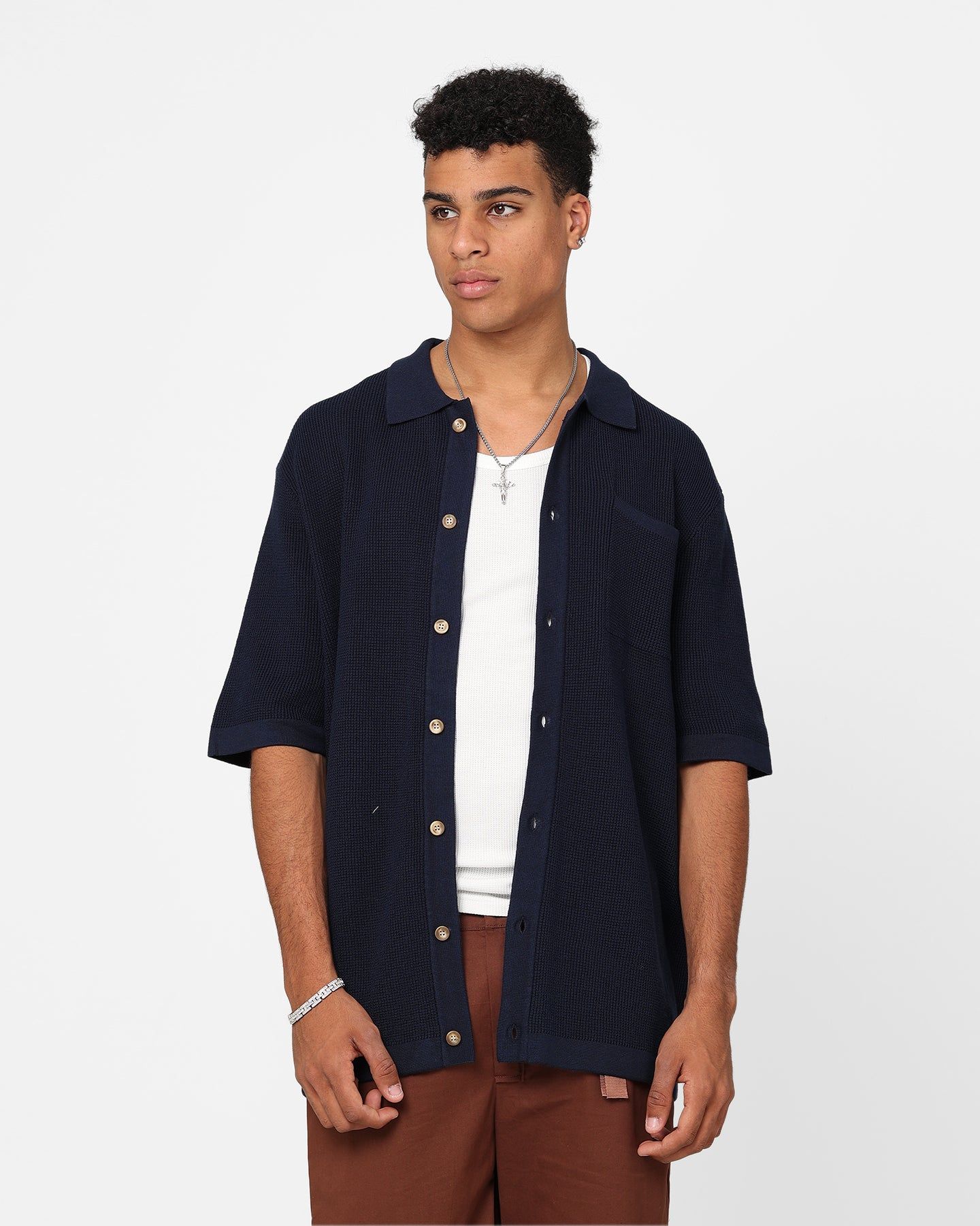 XXIII Zyair Knit Rib Button Up Shirt Navy sold by Culture Kings