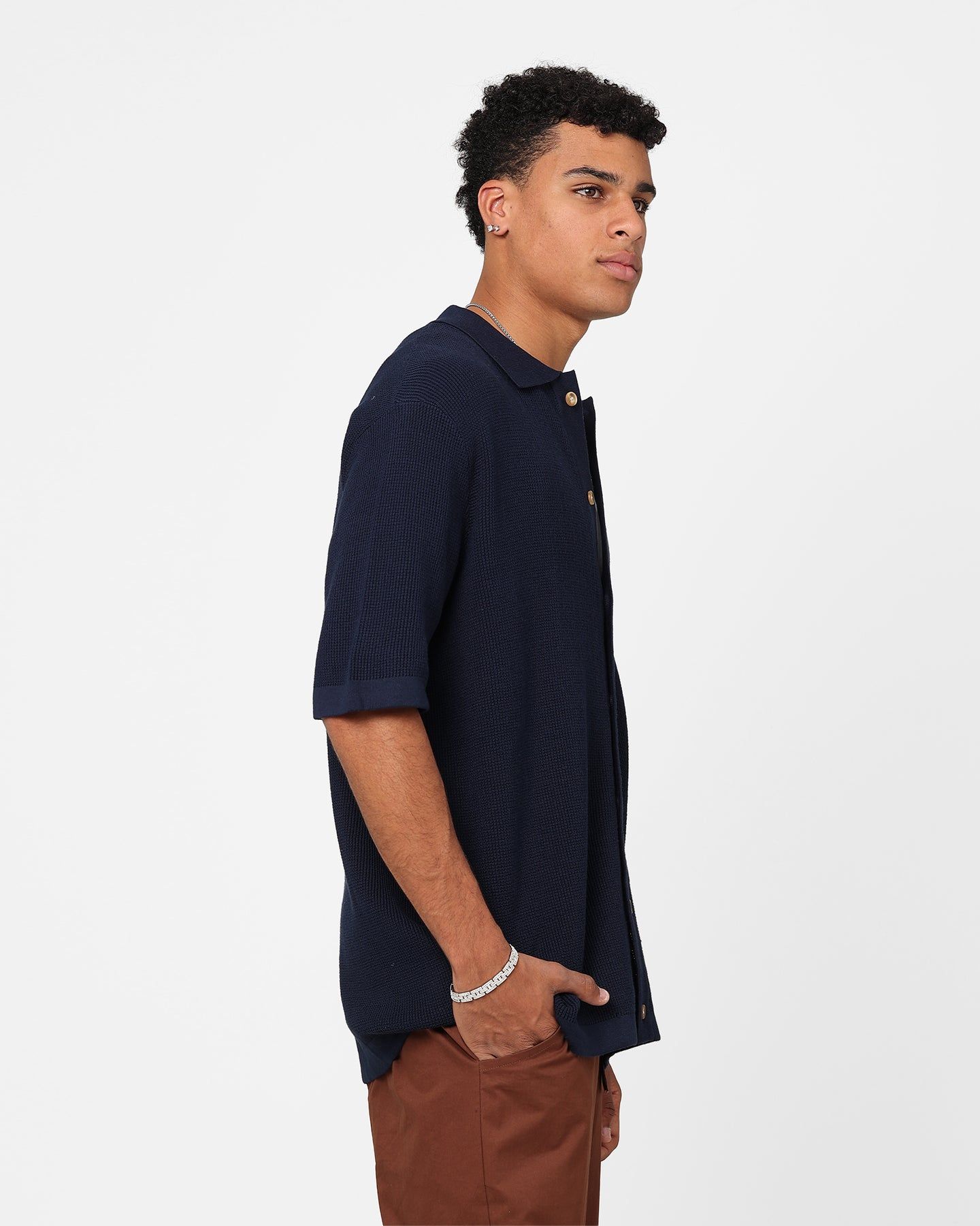 XXIII Zyair Knit Rib Button Up Shirt Navy sold by Culture Kings product image thumbnail 5