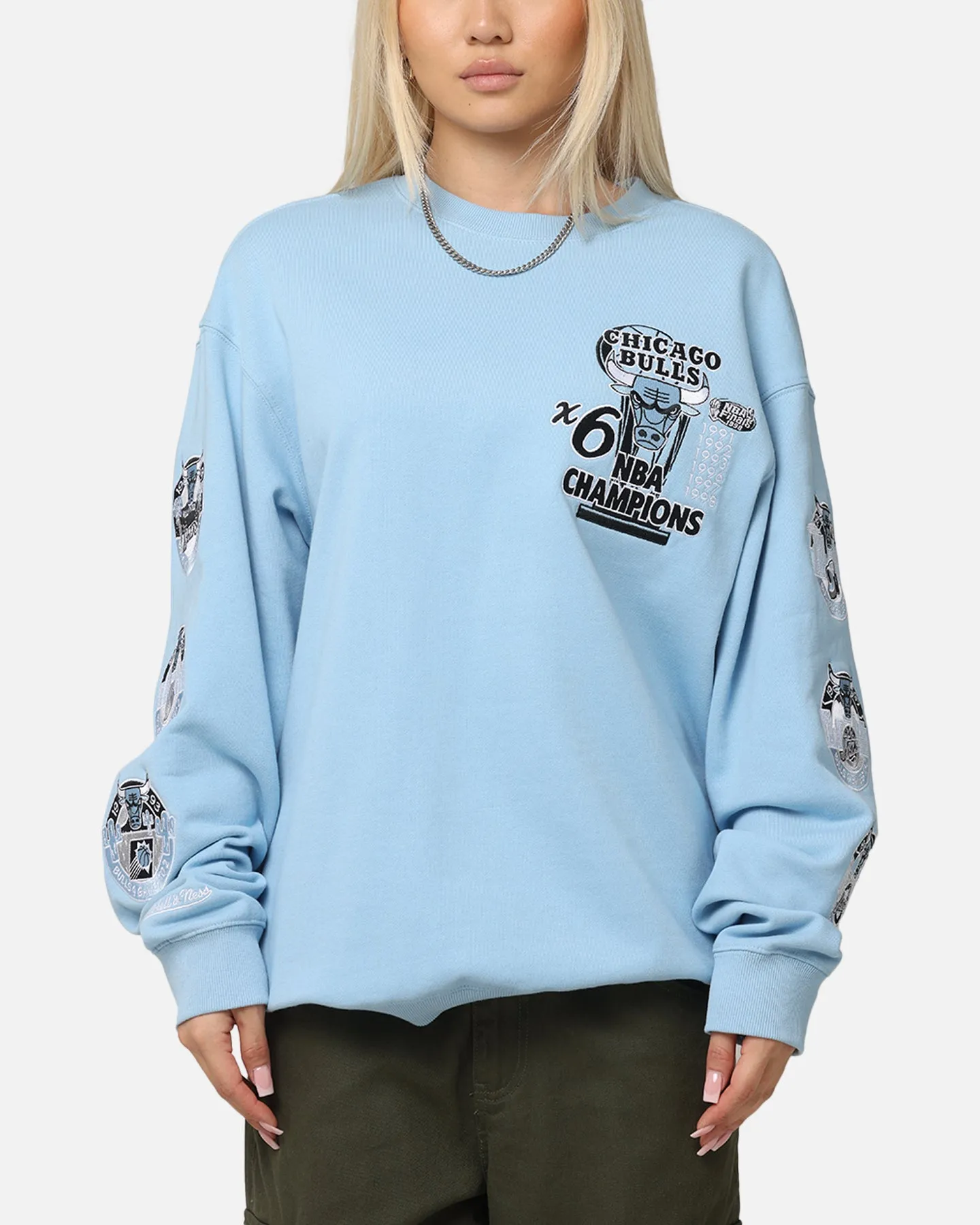 Mitchell & Ness Chicago Bulls 'UNC To Chicago' Champions Crewneck Light Blue sold by Culture Kings