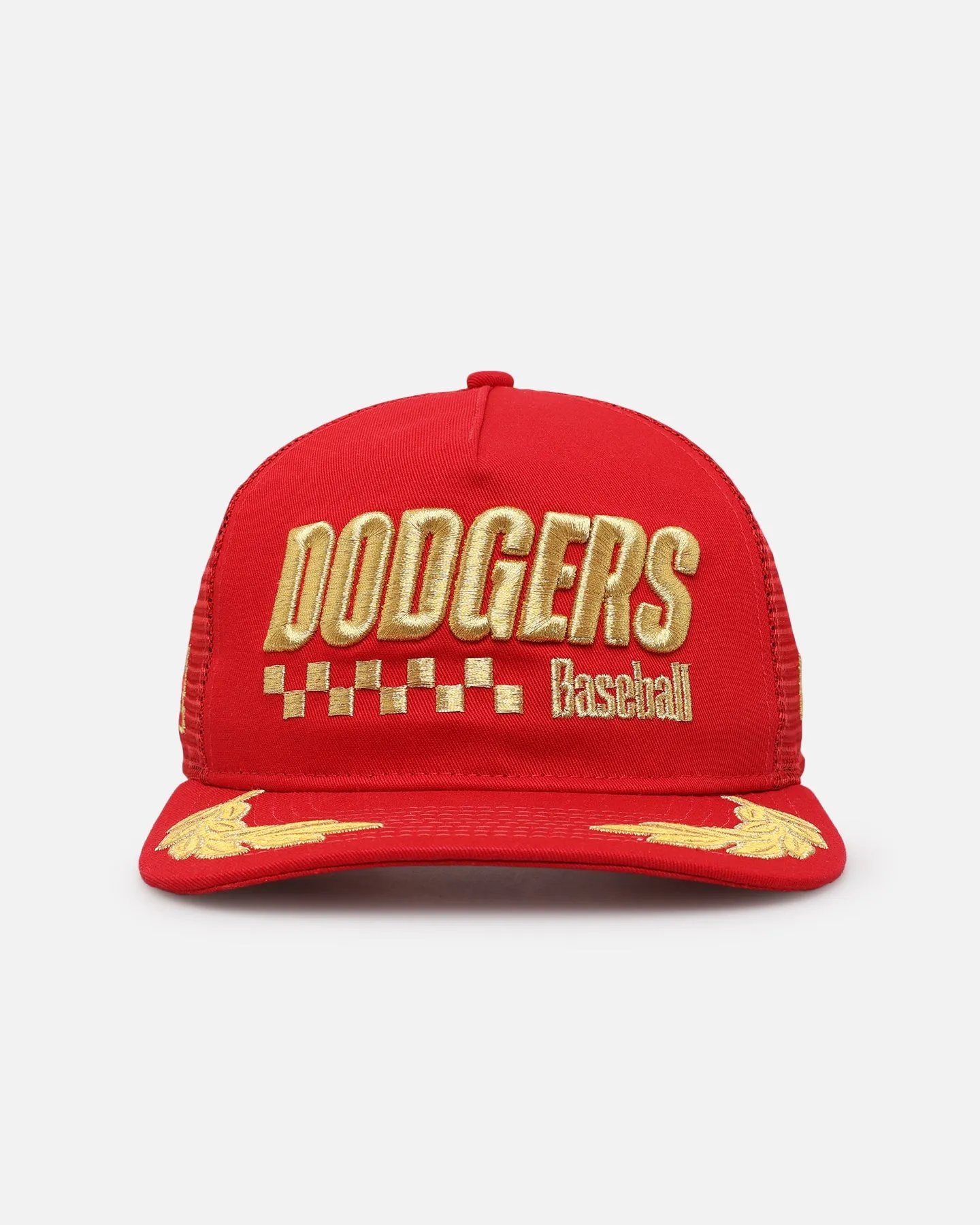 New Era Los Angeles Dodgers 'Podium Pack' Pre-Curved Golfer Trucker Snapback Scarlet/Metallic Gold sold by Culture Kings