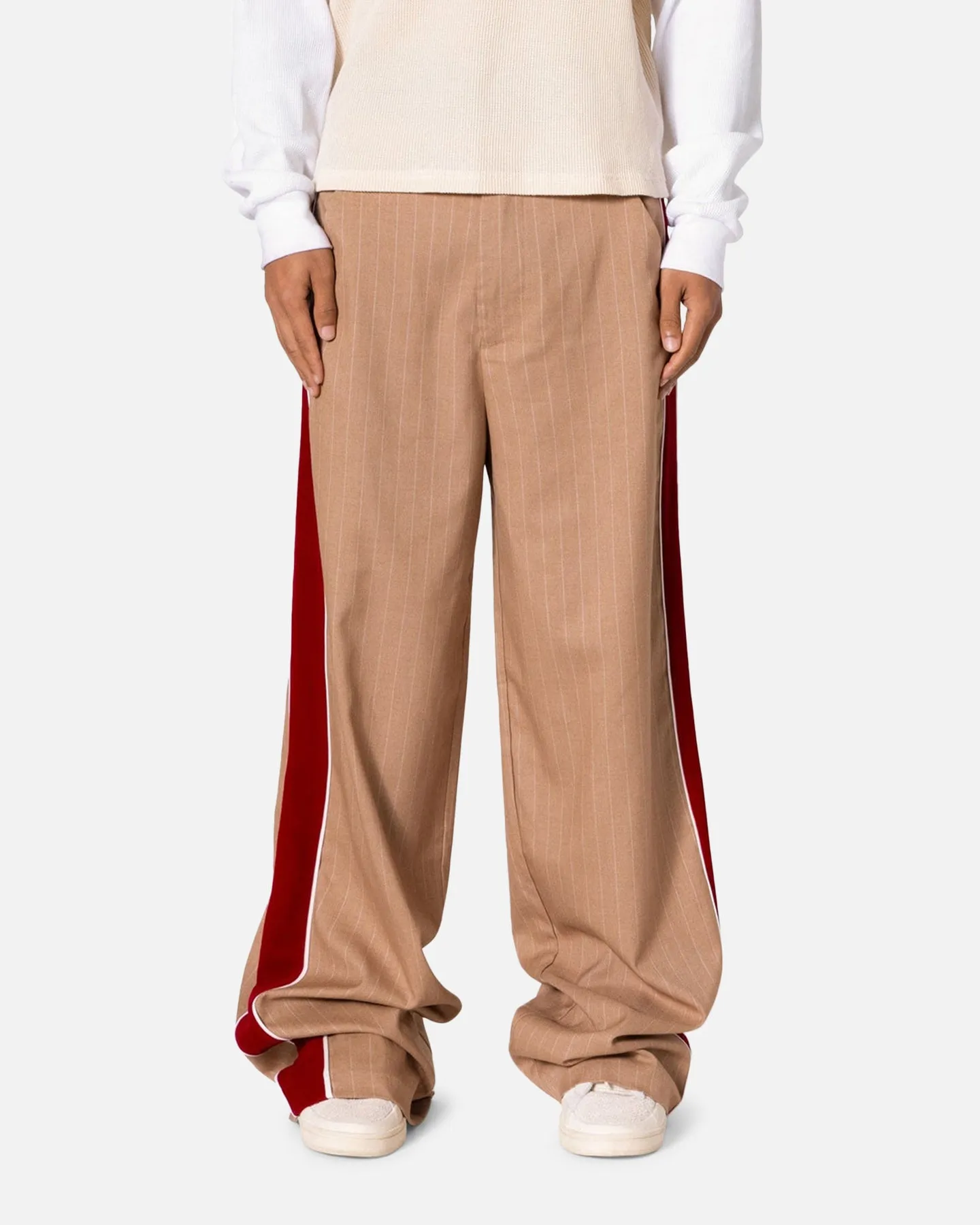 MNML Pinstripe Velvet Trim Pants Tan sold by Culture Kings