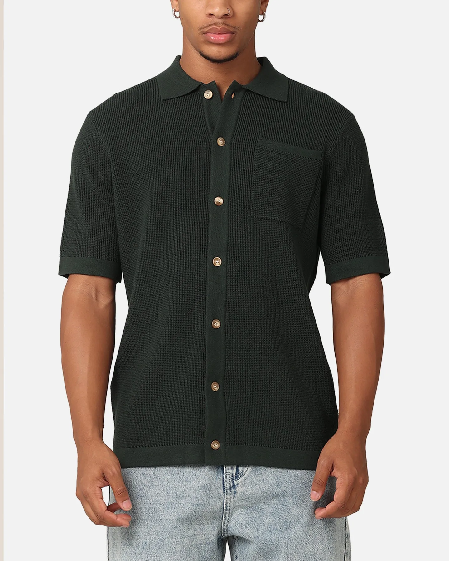 XXIII Zyair Knit Rib Button Up Shirt Dark Green sold by Culture Kings