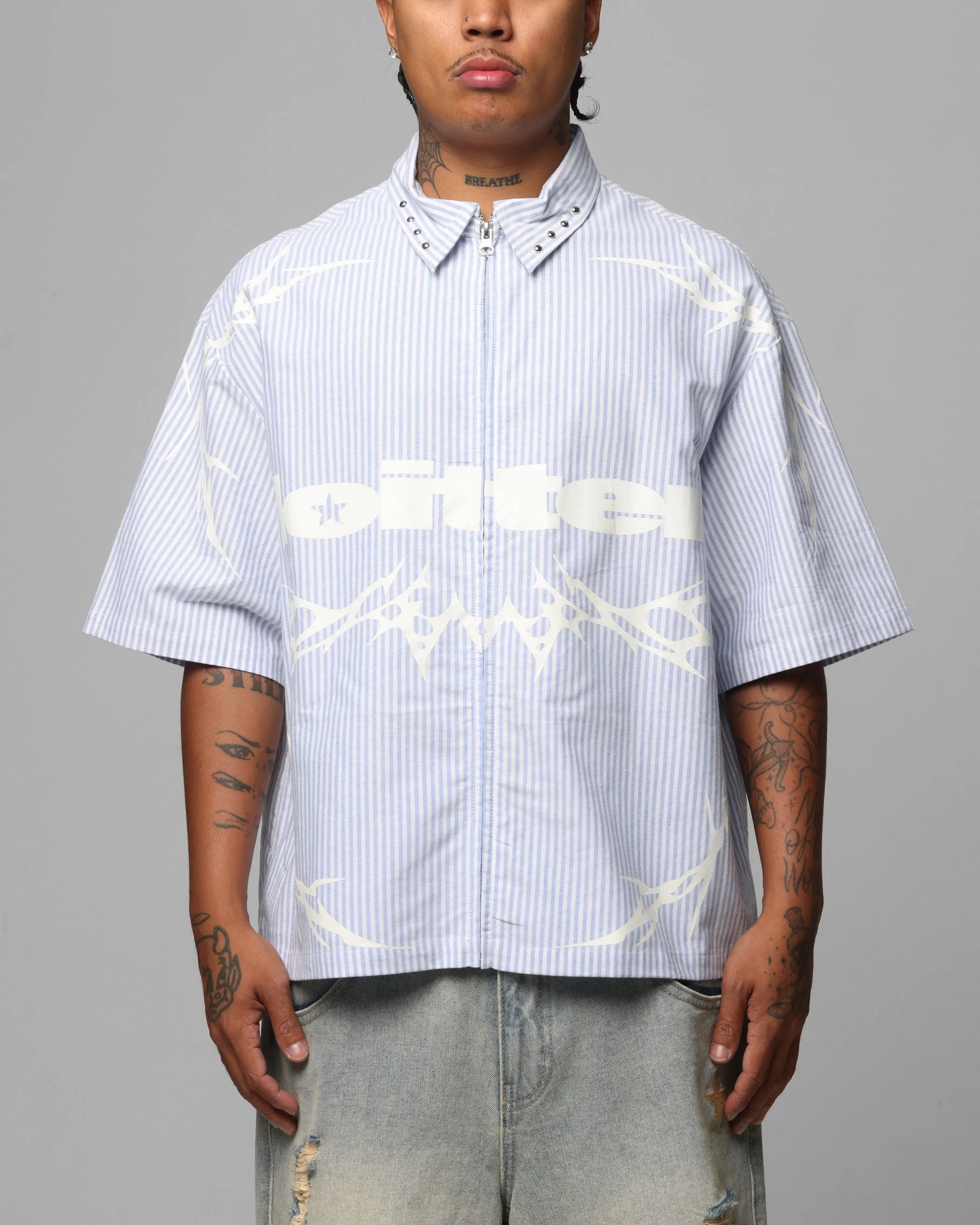 Loiter Cyber Zip Up Short Sleeve Shirt Blue Pin Stripe sold by Culture Kings