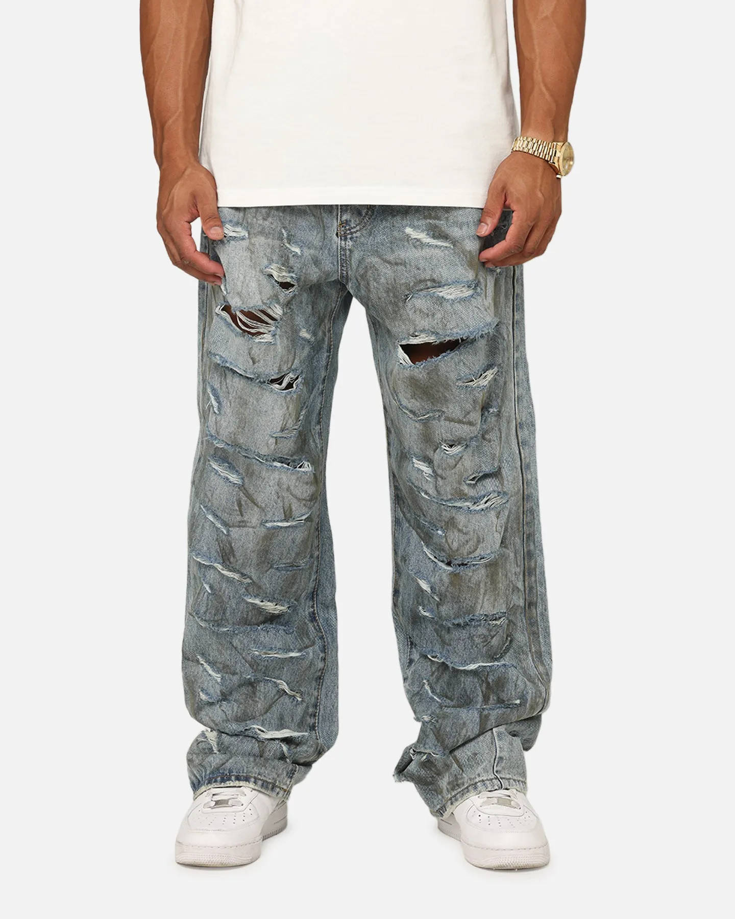 MNML Ultra Baggy Thrashed Denim Jeans Blue sold by Culture Kings