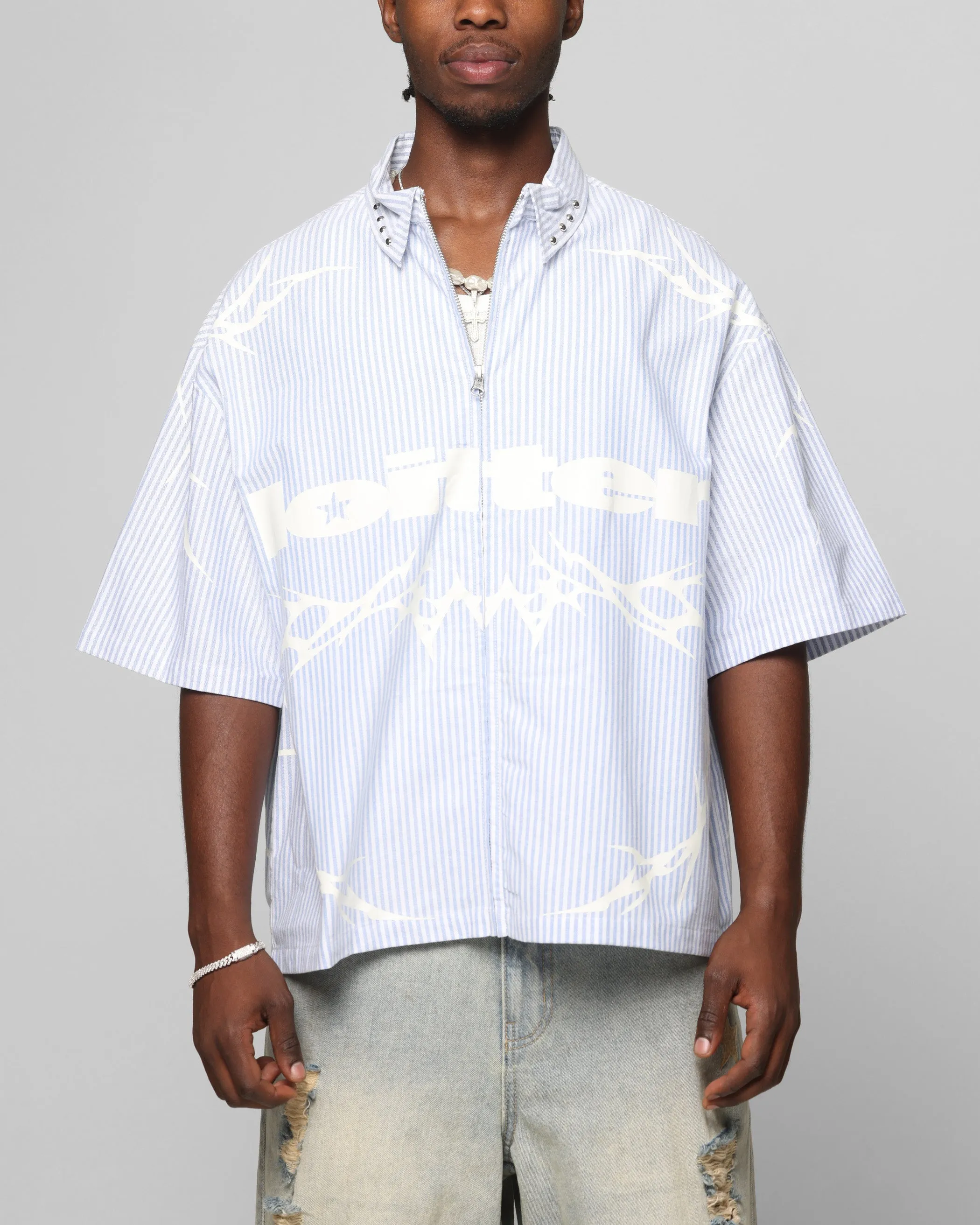 Loiter Cyber Zip Up Short Sleeve Shirt Blue Pin Stripe sold by Culture Kings