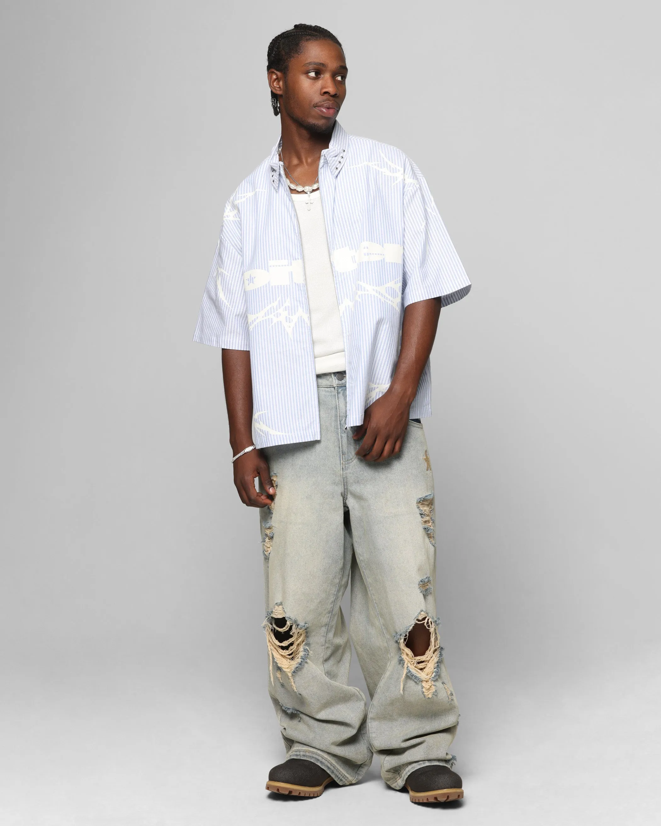 Loiter Cyber Zip Up Short Sleeve Shirt Blue Pin Stripe sold by Culture Kings product image thumbnail 3