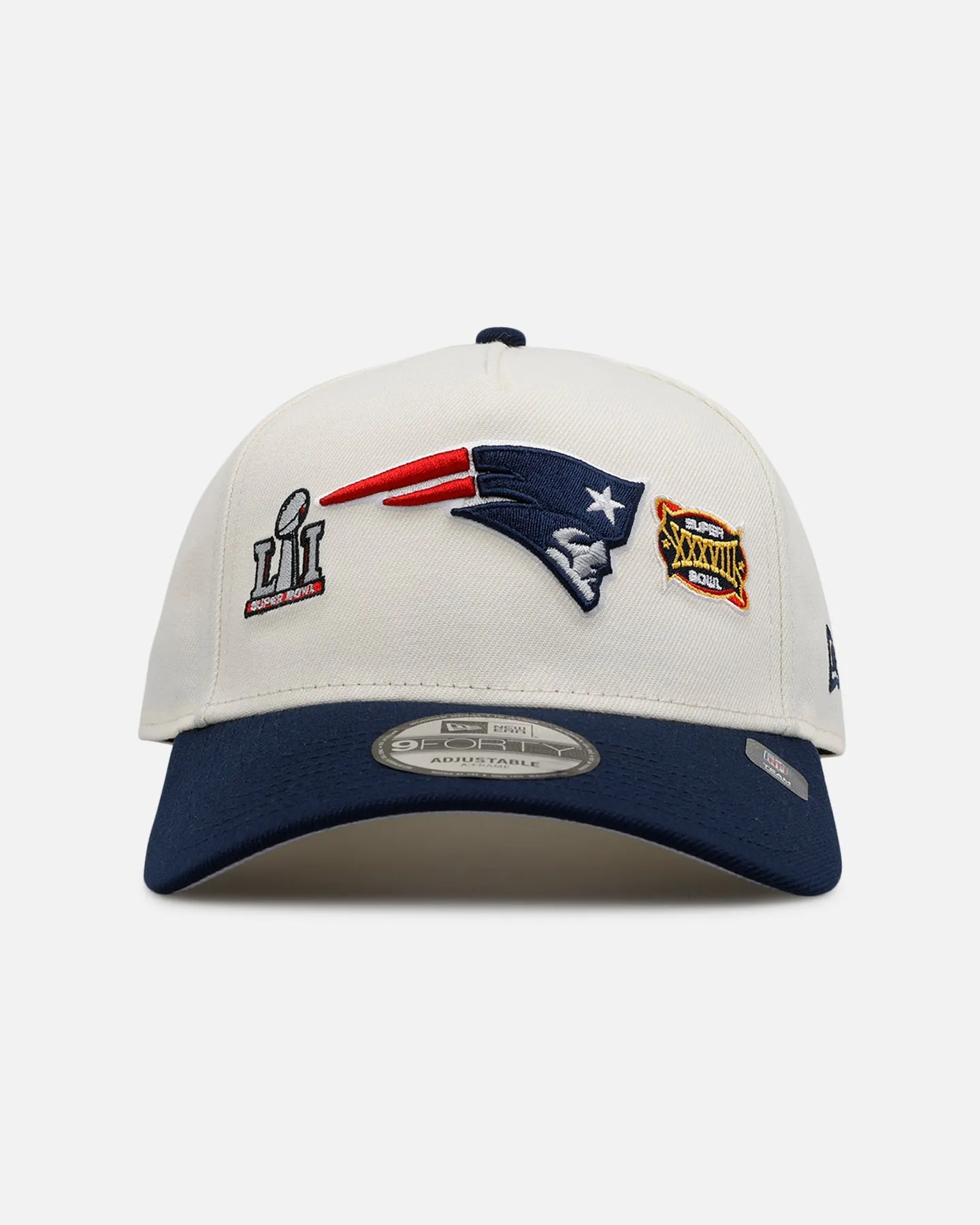 New Era New England Patriots 'Super Bowl Logos' 9FORTY A-Frame Snapback Chrome sold by Culture Kings
