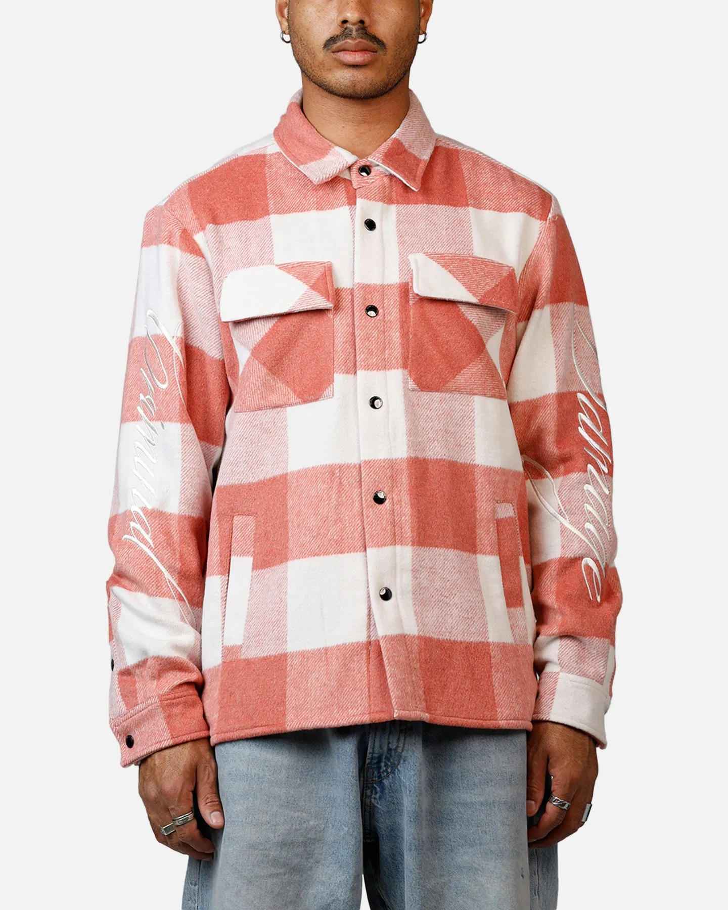 Criminal Damage Embroidered Flannel Shirt Pink sold by Culture Kings
