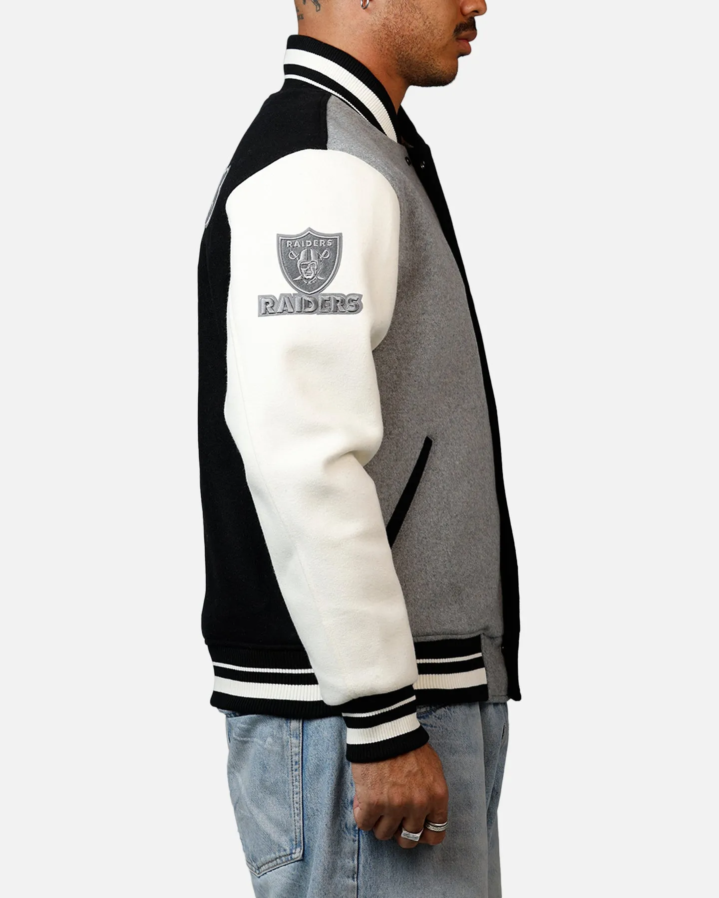 Pro Standard Las Vegas Raiders Reverse French Terry Wool Varsity Jacket Black/Grey sold by Culture Kings product image thumbnail 4
