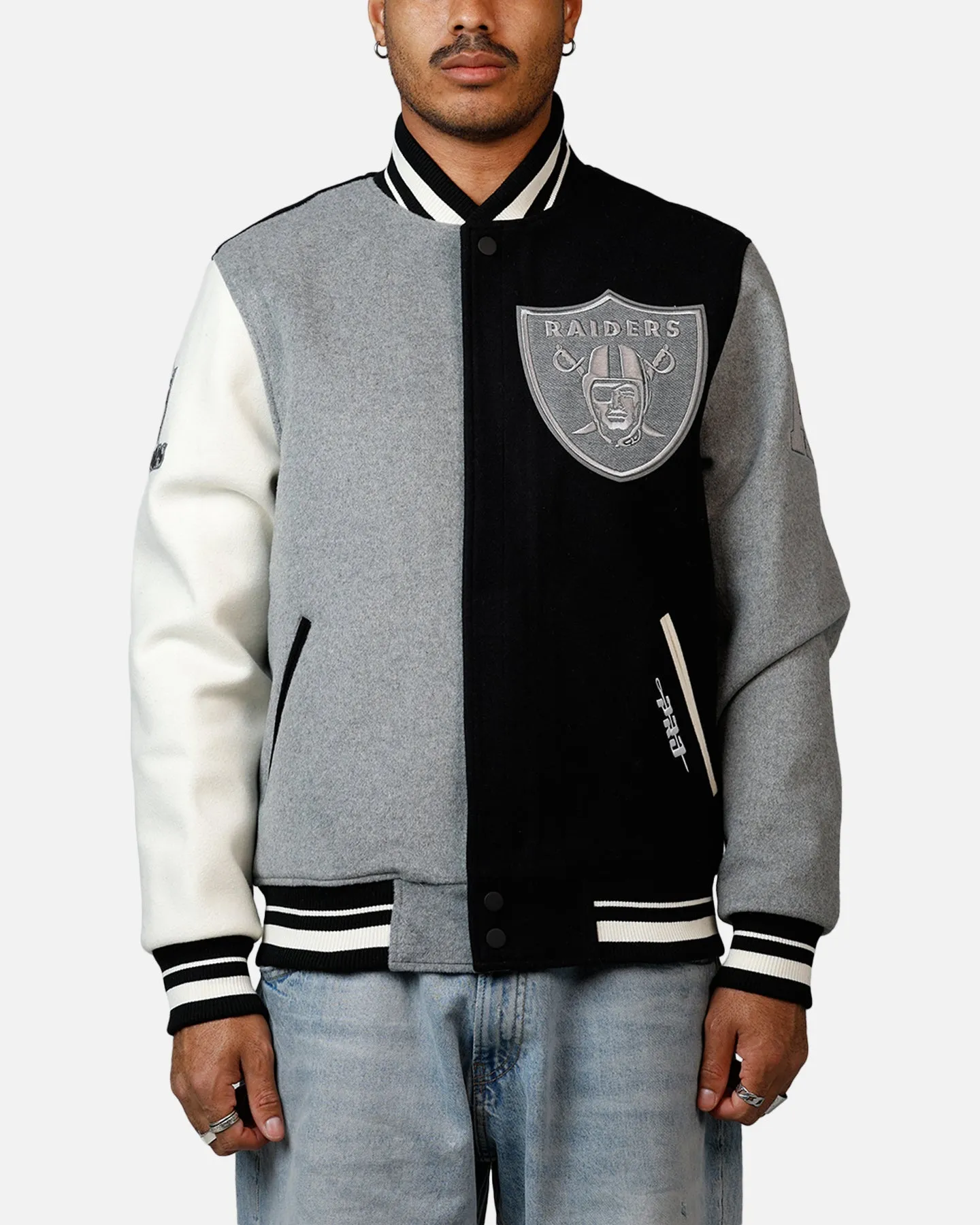 Pro Standard Las Vegas Raiders Reverse French Terry Wool Varsity Jacket Black/Grey sold by Culture Kings