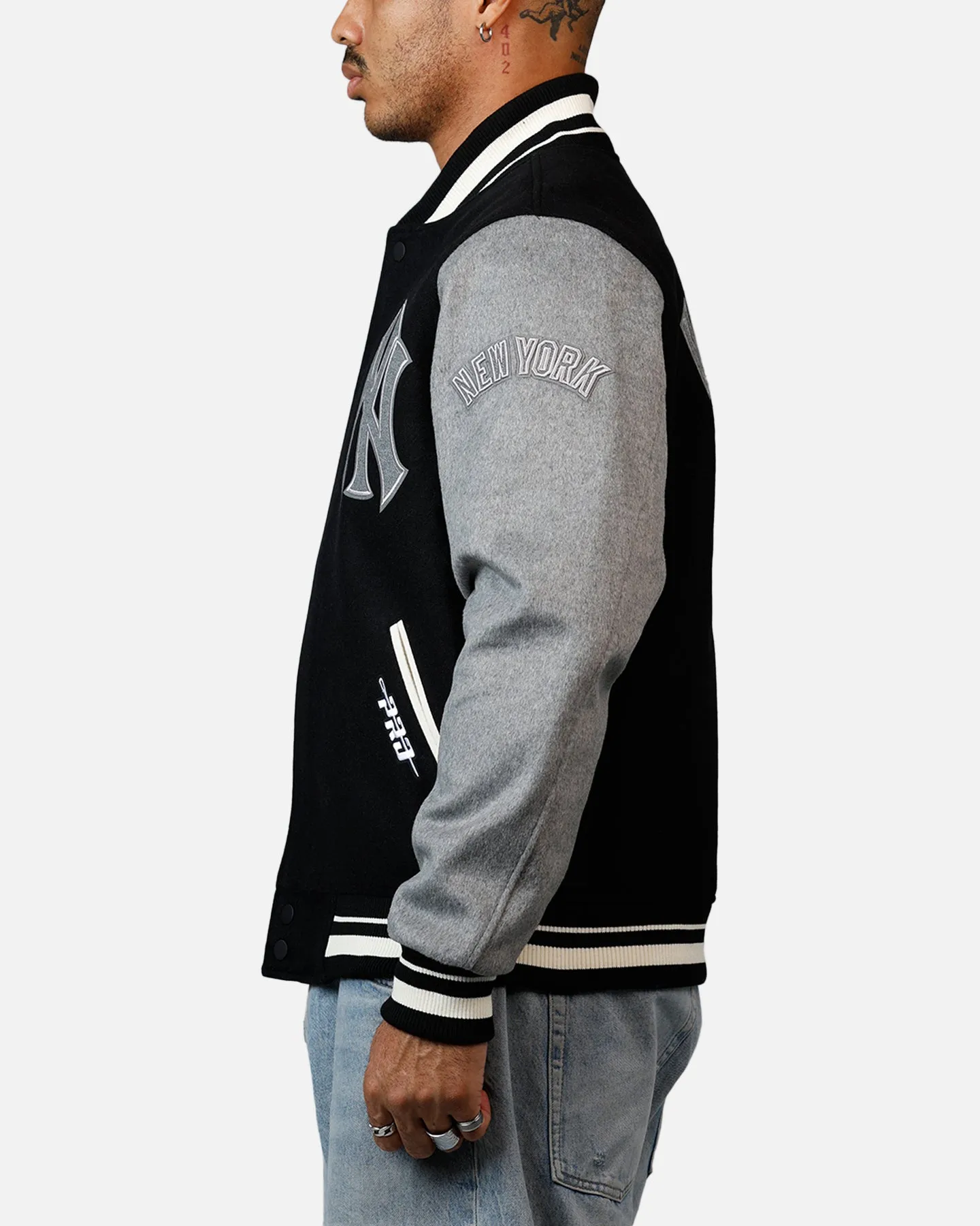 Pro Standard New York Yankees Reverse French Terry Wool Varsity Jacket Black/Grey sold by Culture Kings product image thumbnail 5