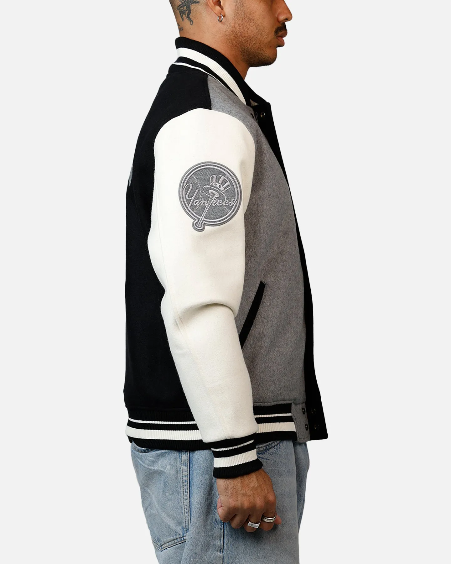 Pro Standard New York Yankees Reverse French Terry Wool Varsity Jacket Black/Grey sold by Culture Kings product image thumbnail 4