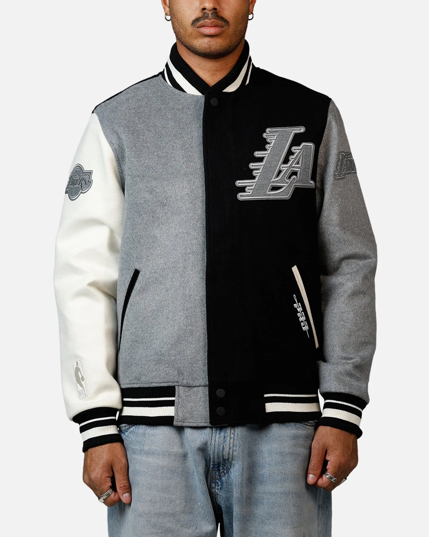 Pro Standard Los Angeles Lakers Reverse French Terry Wool Varsity Jacket Black/Grey sold by Culture Kings