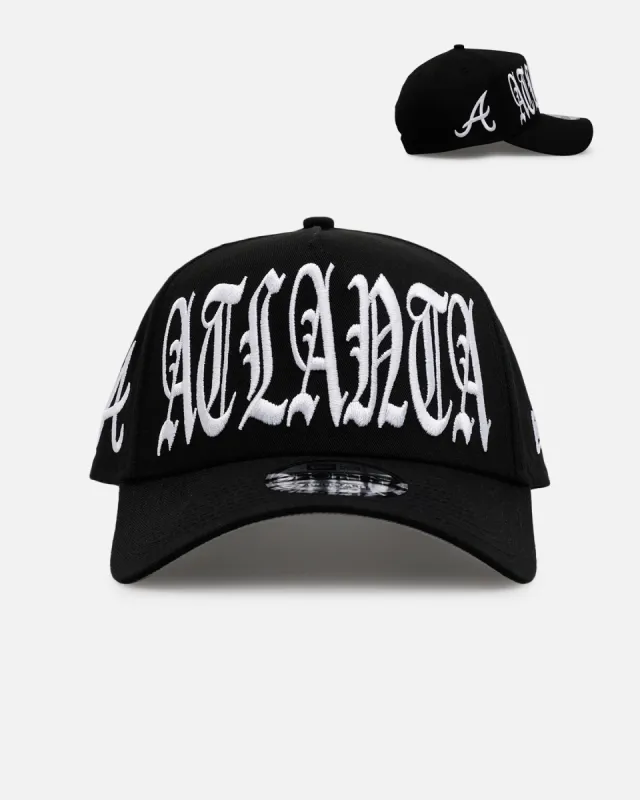 New Era Atlanta Braves 'Oversized Gothic Script Crown' 9FORTY A-Frame Snapback Black/White sold by Culture Kings